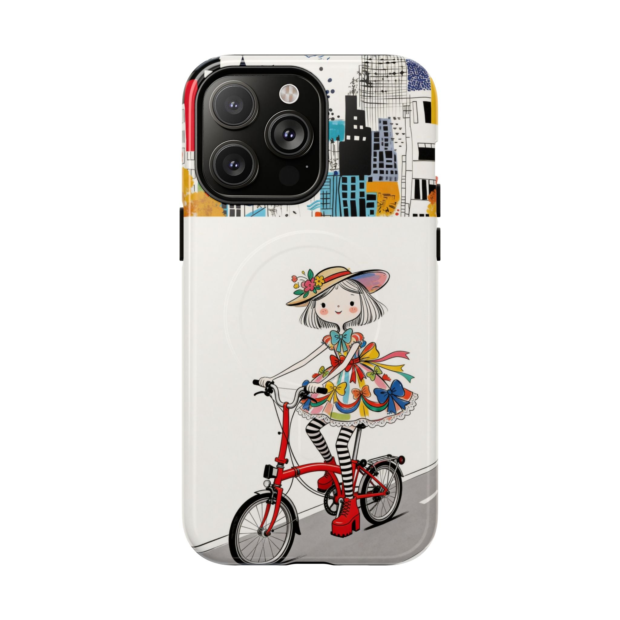 Whimsical Girl on Brompton Bicycle Urban Illustration MagSafe iPhone Case
