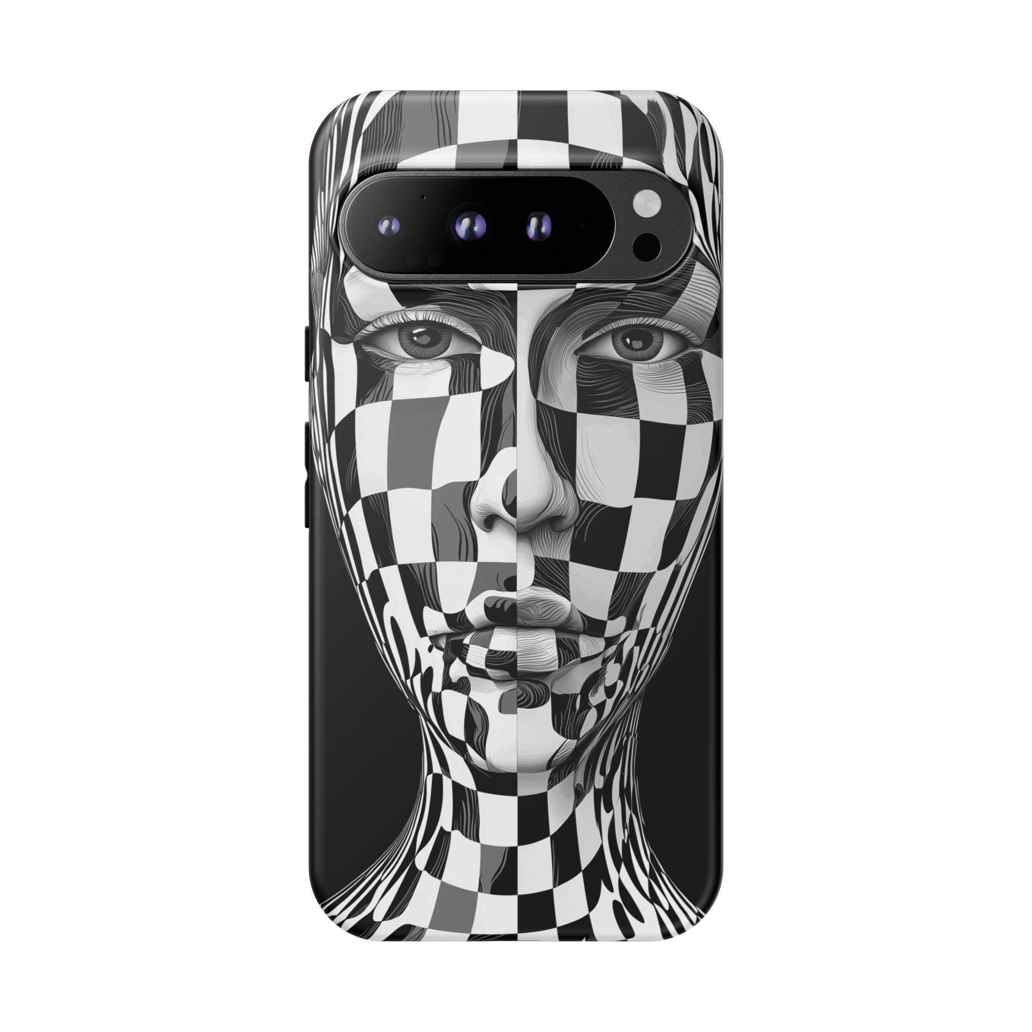 Checkerboard Face Tough Google Pixel Case — Black & White Surreal Art Protective Cover