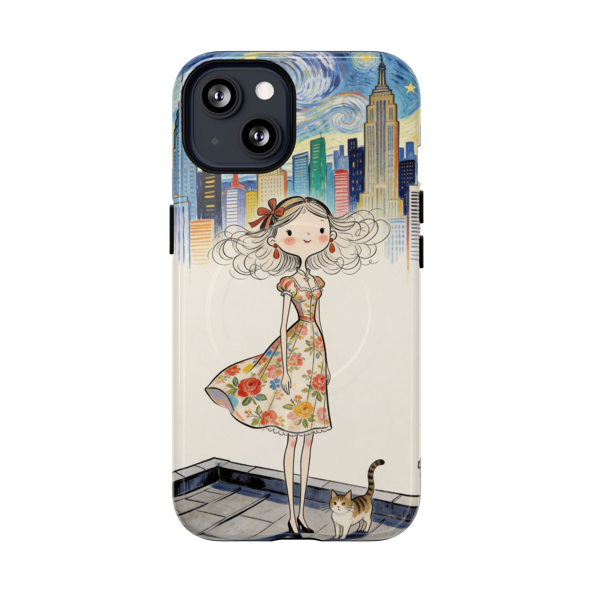 Artistic Girl Cityscape MagSafe iPhone Case | Cute Floral Dress Rooftop Design
