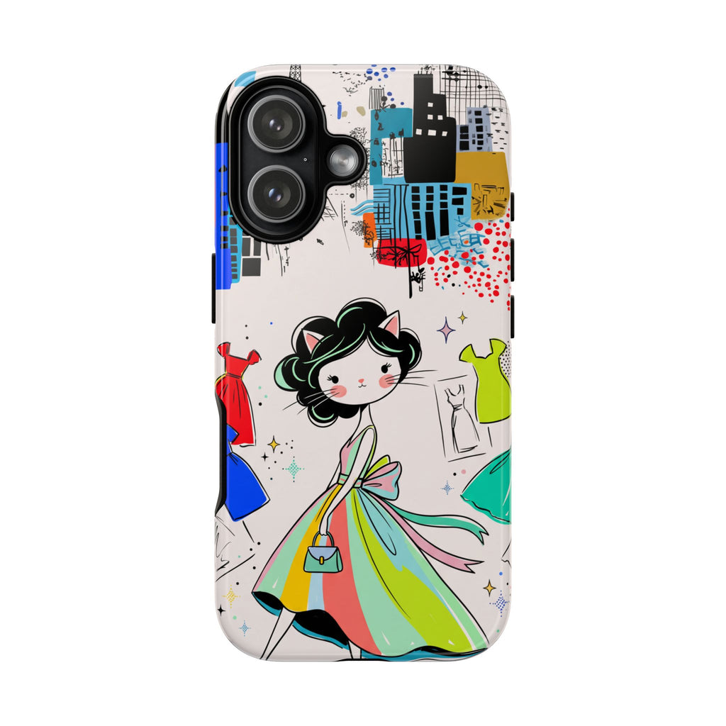 Retro Fashion Cat Girl iPhone Case | Cute Dress & City Print