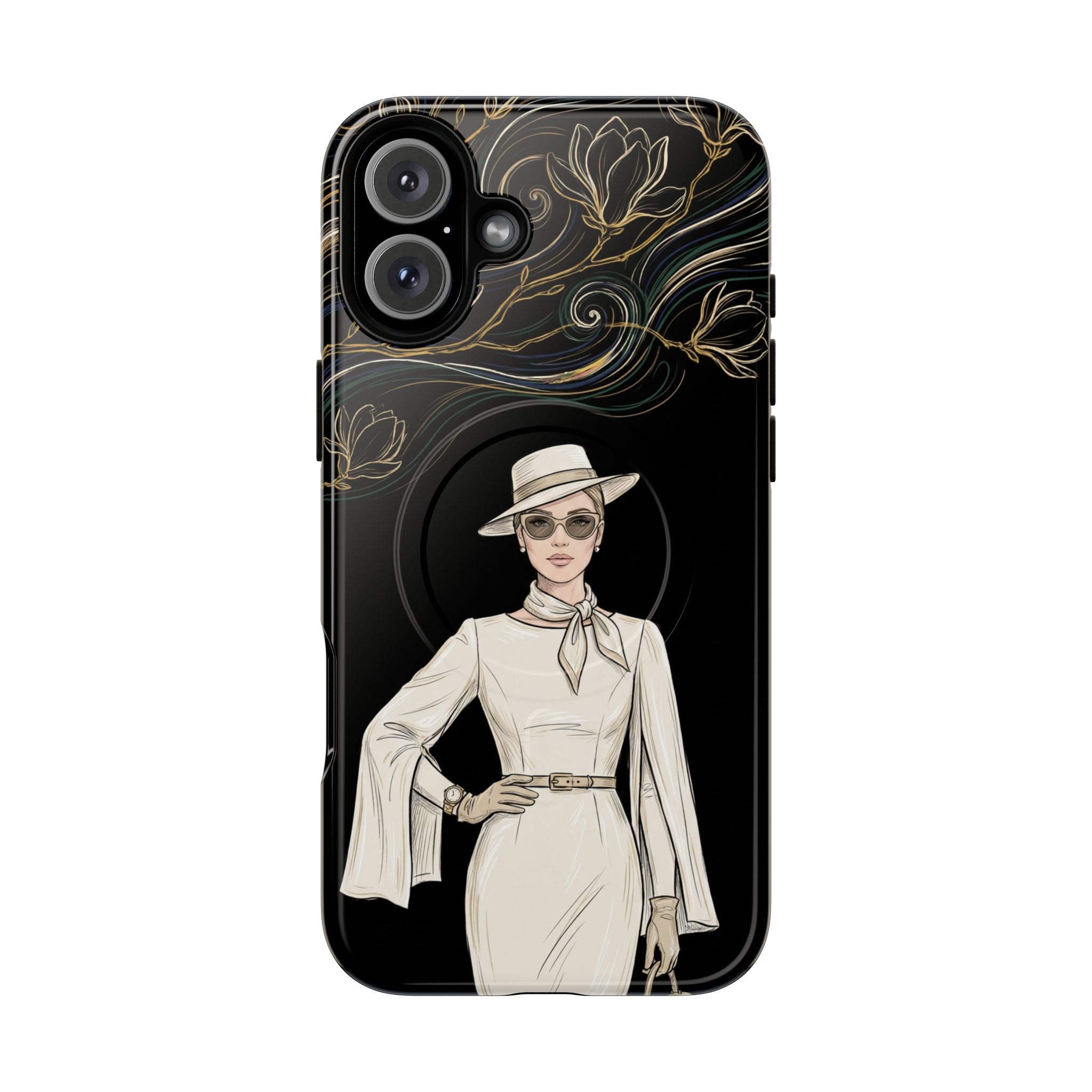 MagSafe iPhone Case | Elegant Vintage Lady with Gold Floral Swirls