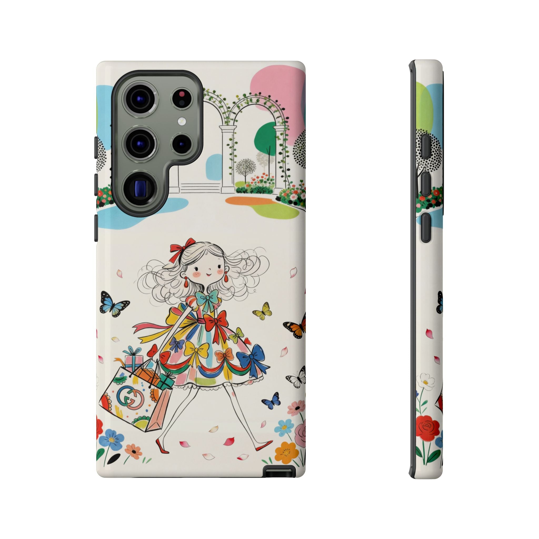 Whimsical Shopping Girl Samsung Galaxy Phone Case | Cute Floral Butterfly Tough Case