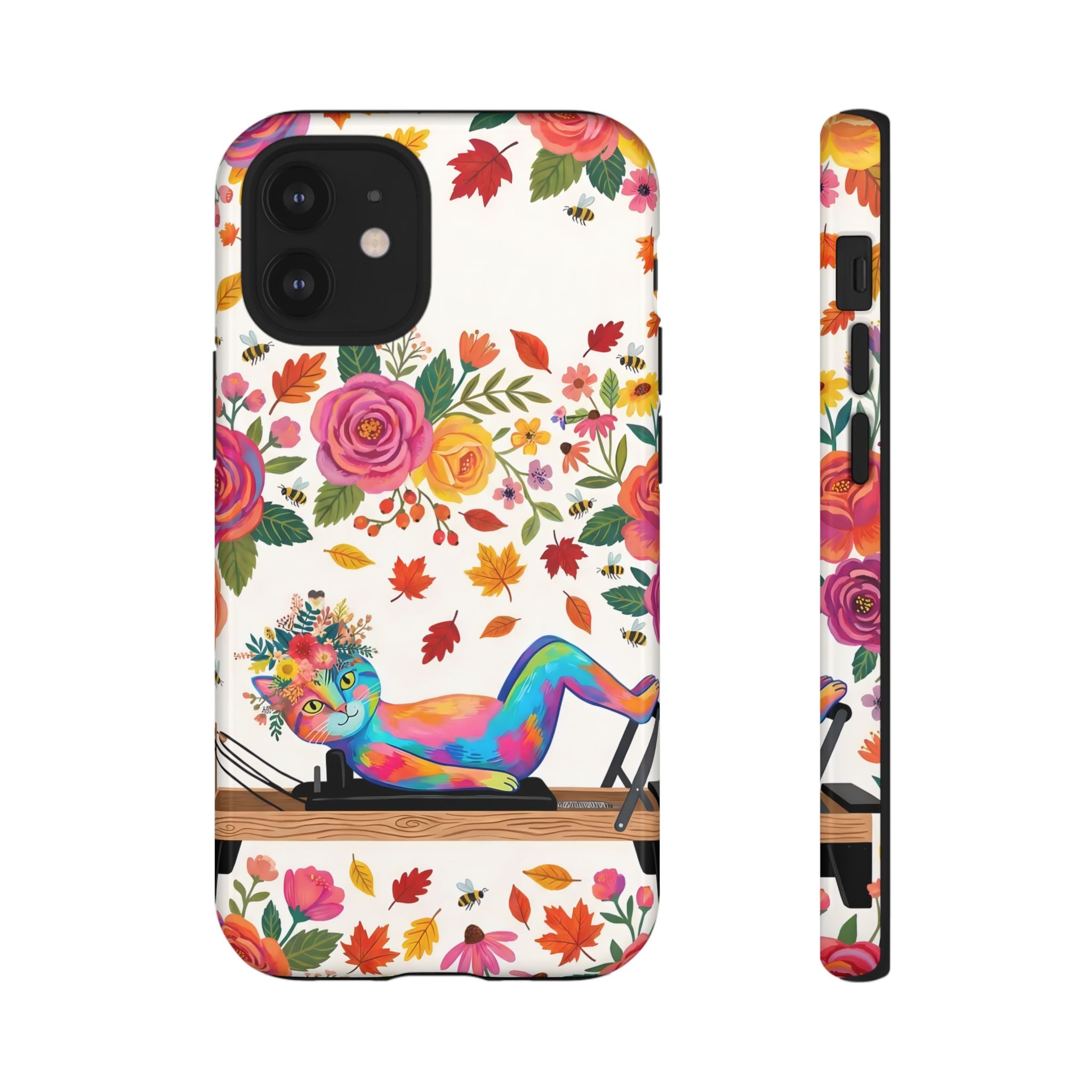Autumn Floral Pilates iPhone Case | Colorful Rainbow Pilates Cat on Falling Leaves