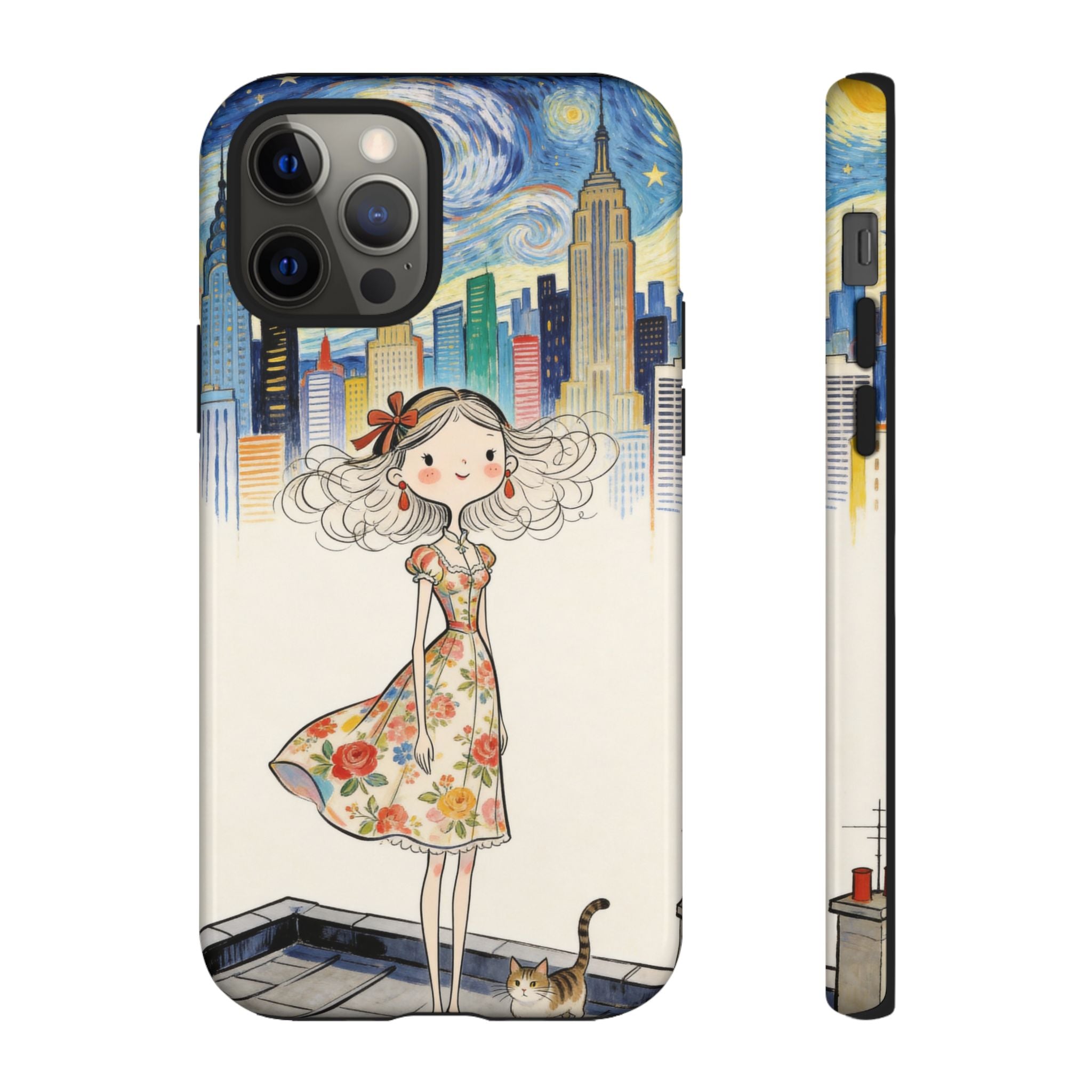 Artistic Girl Cityscape iPhone Case | Cute Floral Dress Rooftop Design