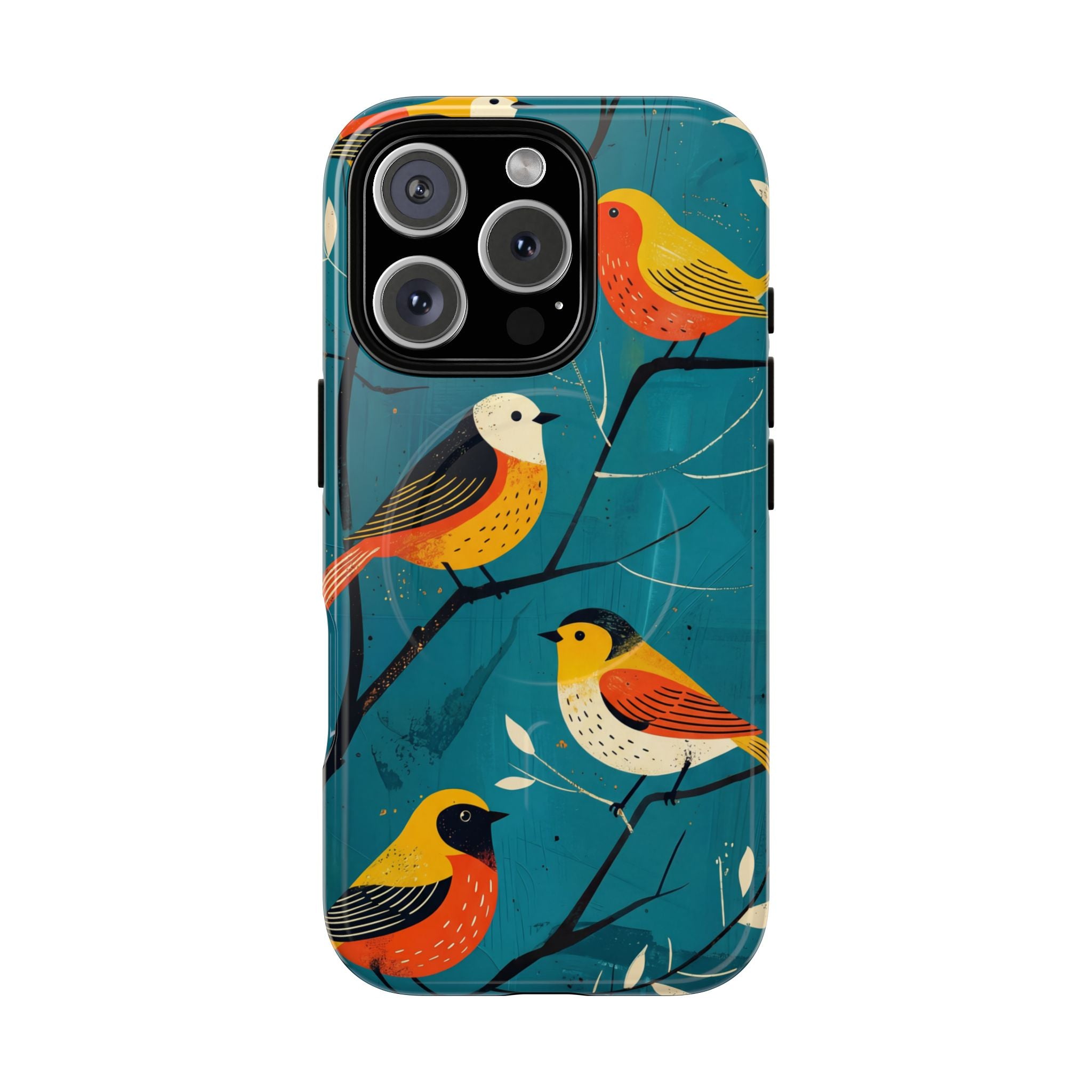 Bird Pattern Tough MagSafe iPhone Case | Colourful Songbirds on Teal Background
