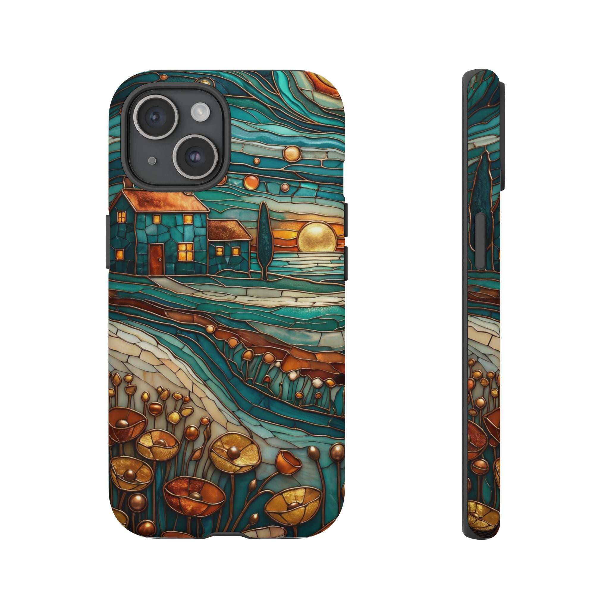 Artistic Sunset Cottage iPhone Case | Whimsical Floral Landscape Protective Cover