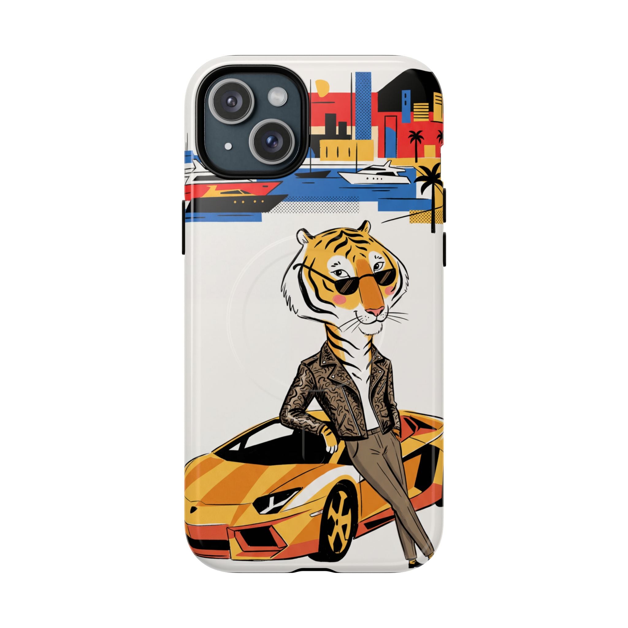 Stylish Tiger with Sports Car Illustration MagSafe iPhone Case