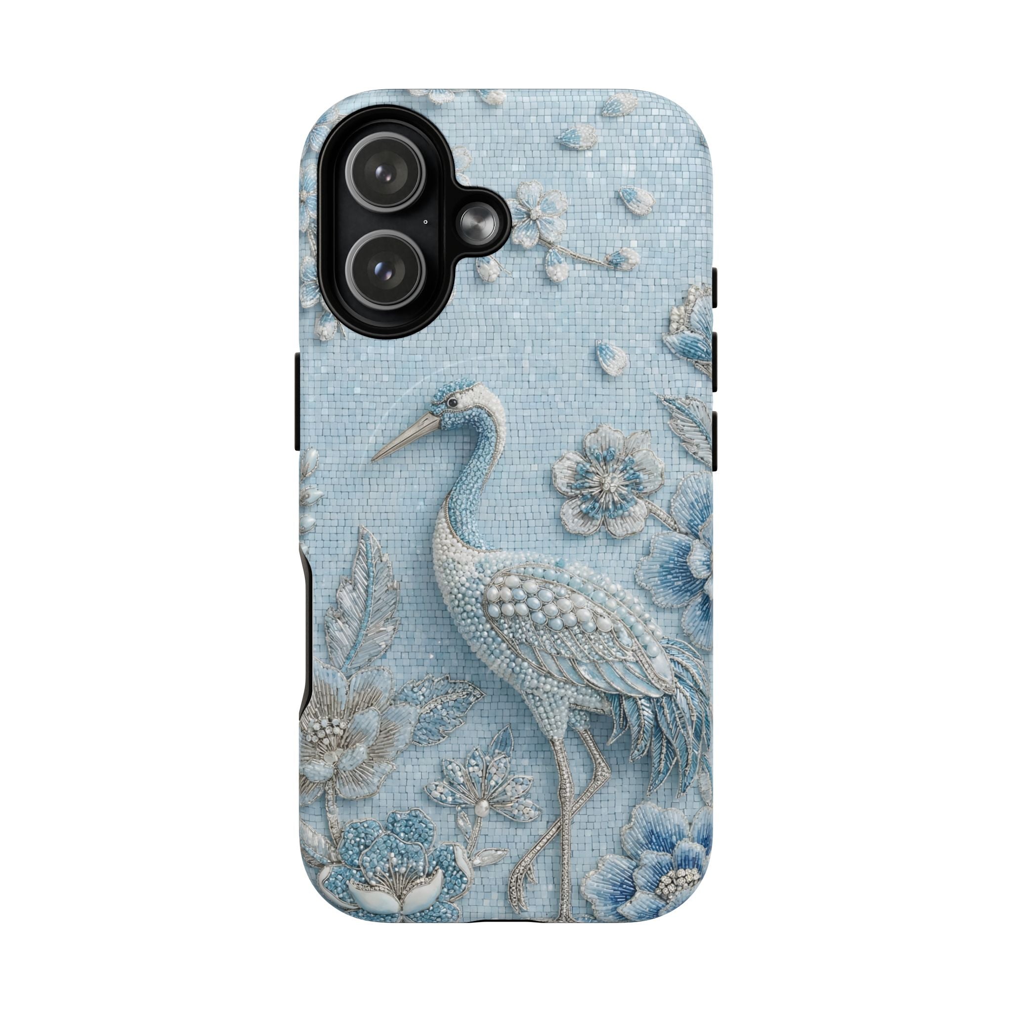 Blue Crane Floral MagSafe iPhone Case | Vintage Embossed Bird Design