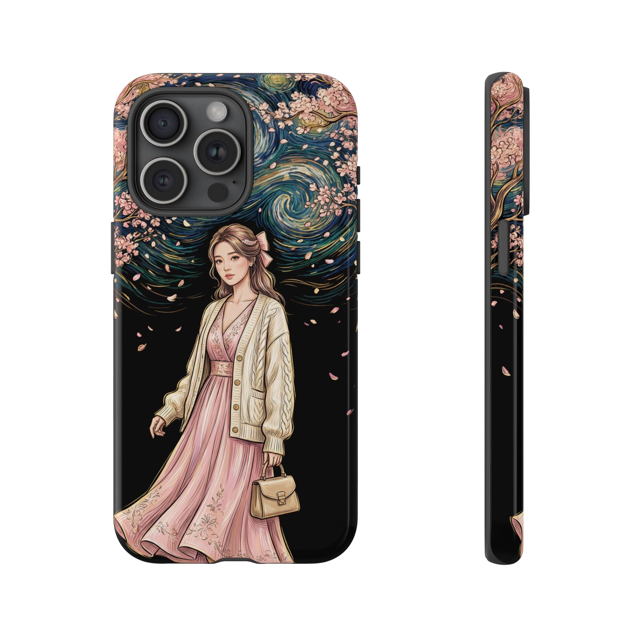 Floral Starry Night iPhone Case | Elegant Girl in Pink Dress