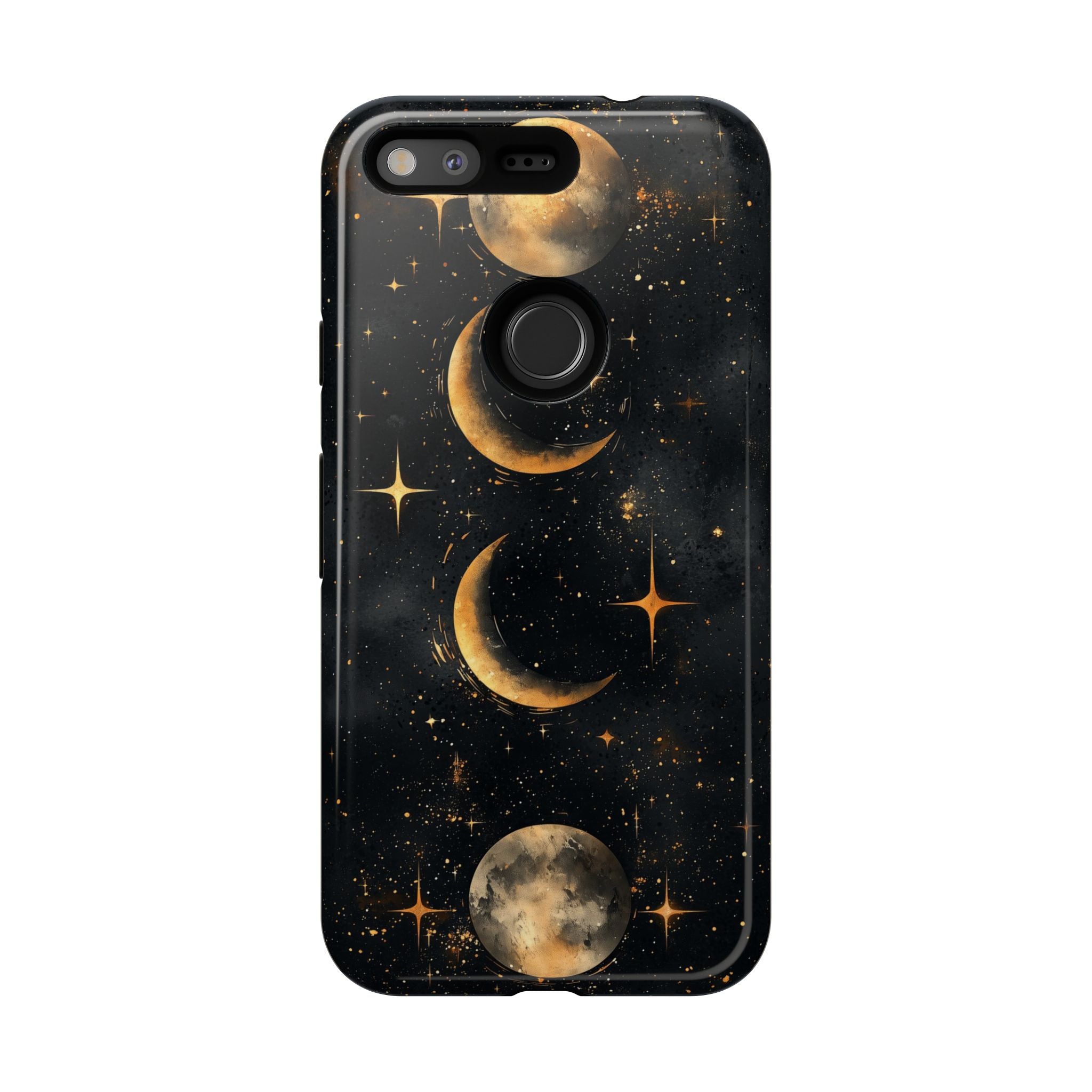 Celestial Moon Phases Tough Google Pixel Case | Gold Crescent & Full Moon Galaxy Design