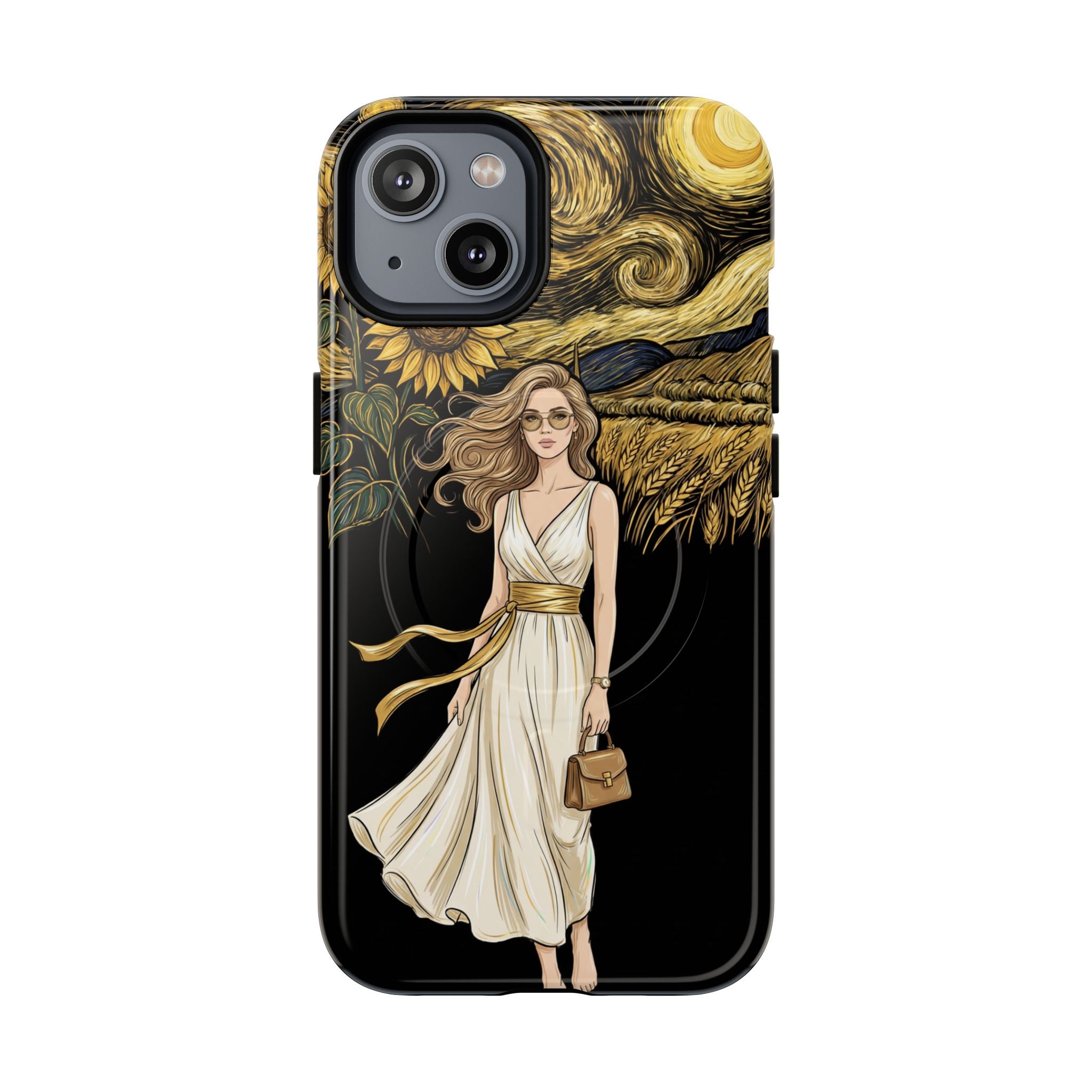 Sunflower Night MagSafe iPhone Case | Woman in Flowing Dress Van Gogh Style