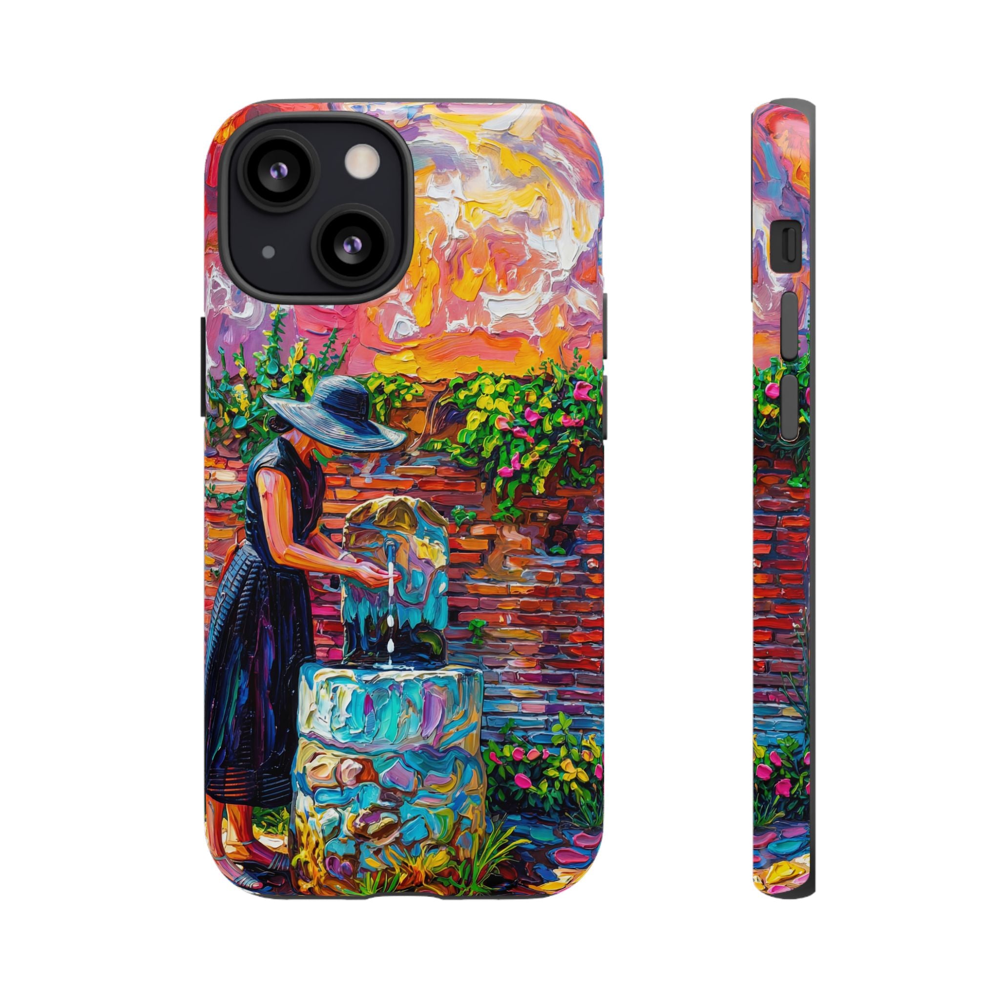 Artistic Garden iPhone Case | Woman at Fountain Colourful Painterly Design