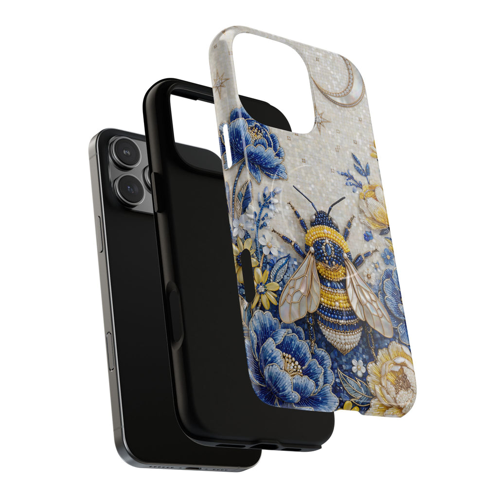 Floral Bee Tough MagSafe iPhone Case | Blue & Yellow Moon Garden Design