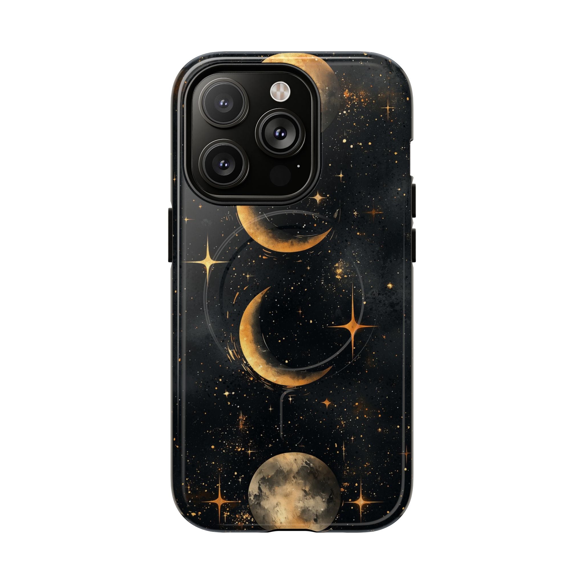 Custodia rigida MagSafe per iPhone con fasi lunari celestiali | Design a forma di galassia con mezzaluna dorata e luna piena