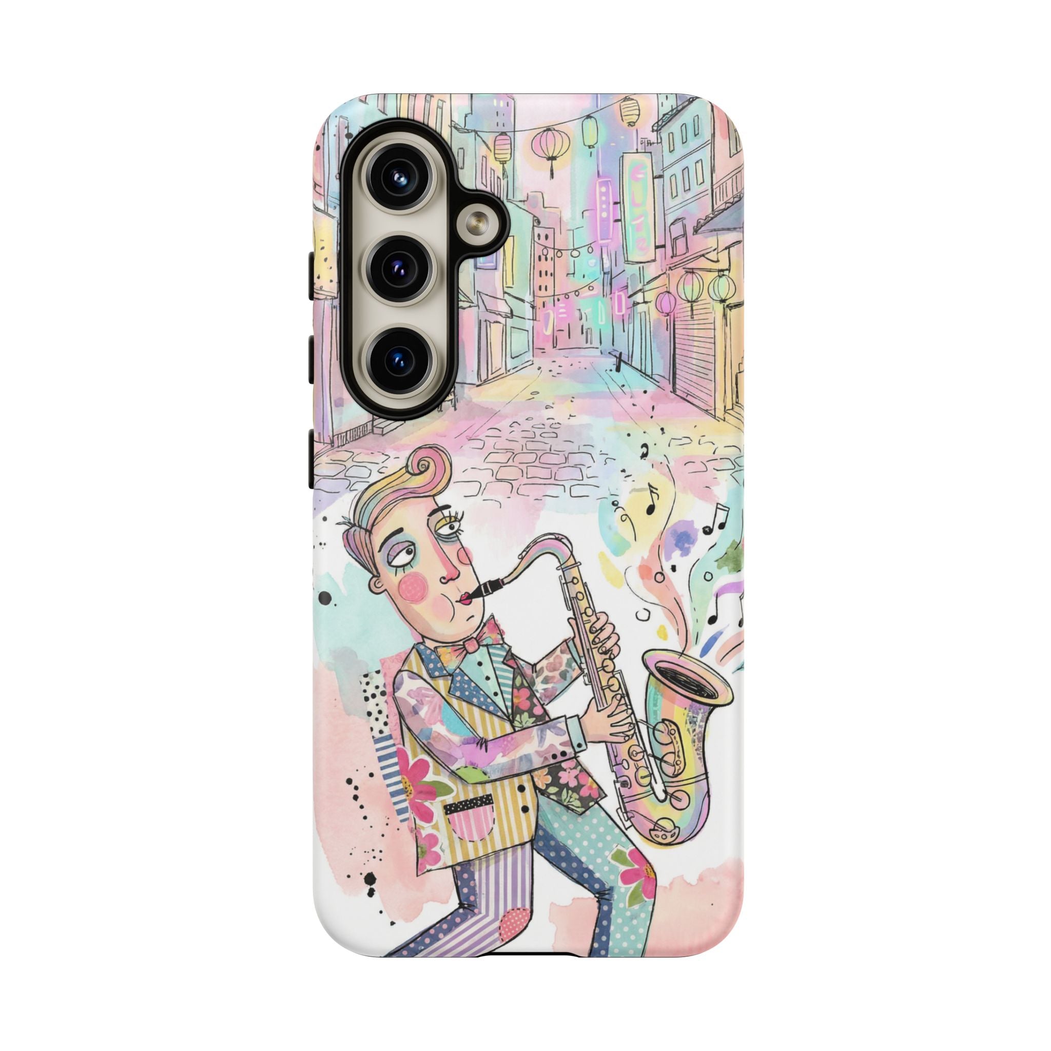 Sax Player Art Samsung Galaxy Phone Case | Pastel Jazz Street Illustration