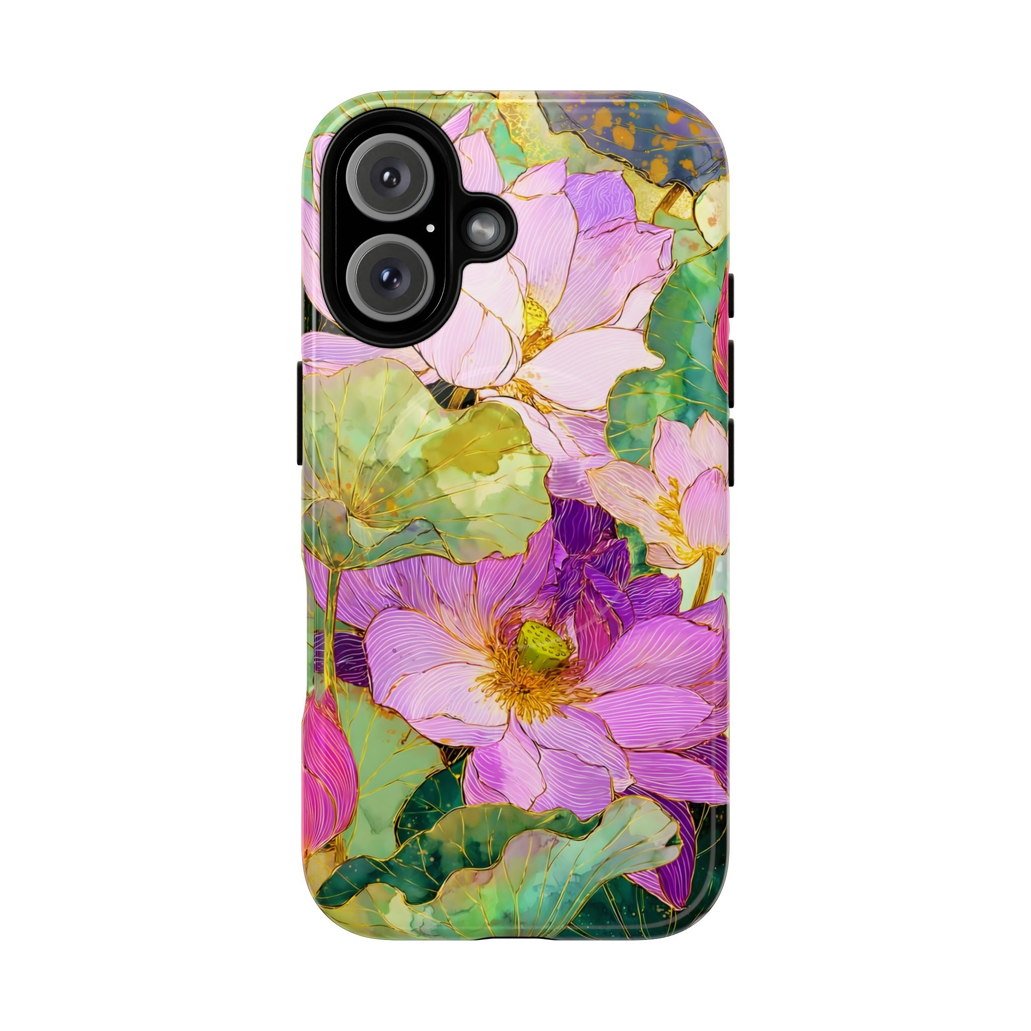 Floral Watercolor Tough MagSafe iPhone Case | Pink Lotus Garden Protective Cover