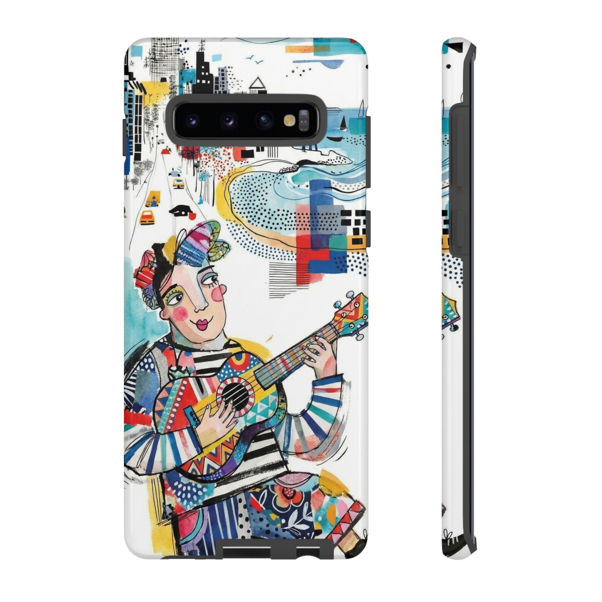 Custodia per Samsung Galaxy per Musicisti Artistici | Custodia Resistente con Chitarra Colorata e Paesaggio Urbano