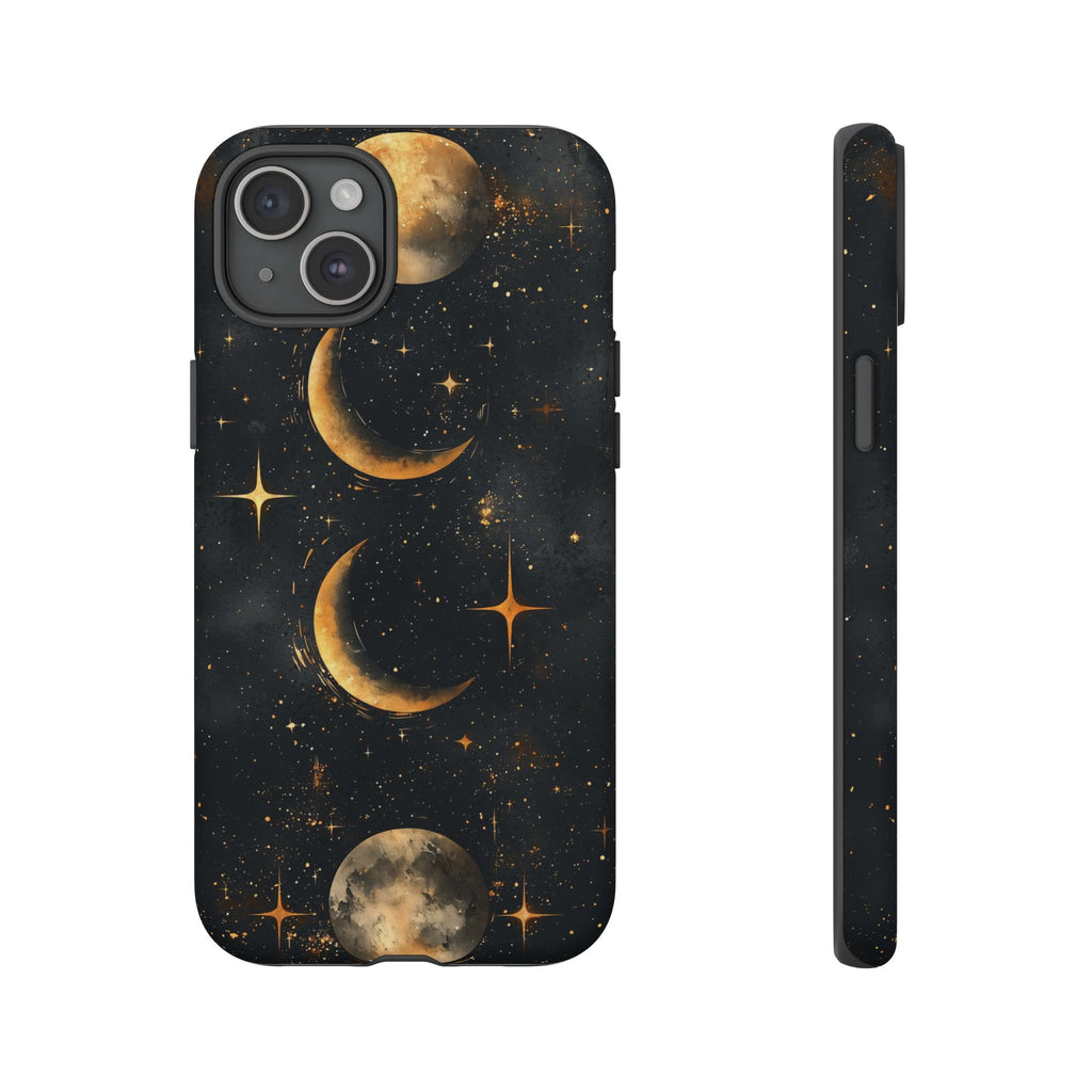 Celestial Moon Phases Tough iPhone Case | Gold Crescent & Full Moon Galaxy Design