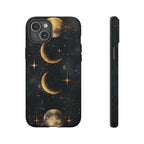 Celestial Moon Phases Tough iPhone Case | Gold Crescent & Full Moon Galaxy Design
