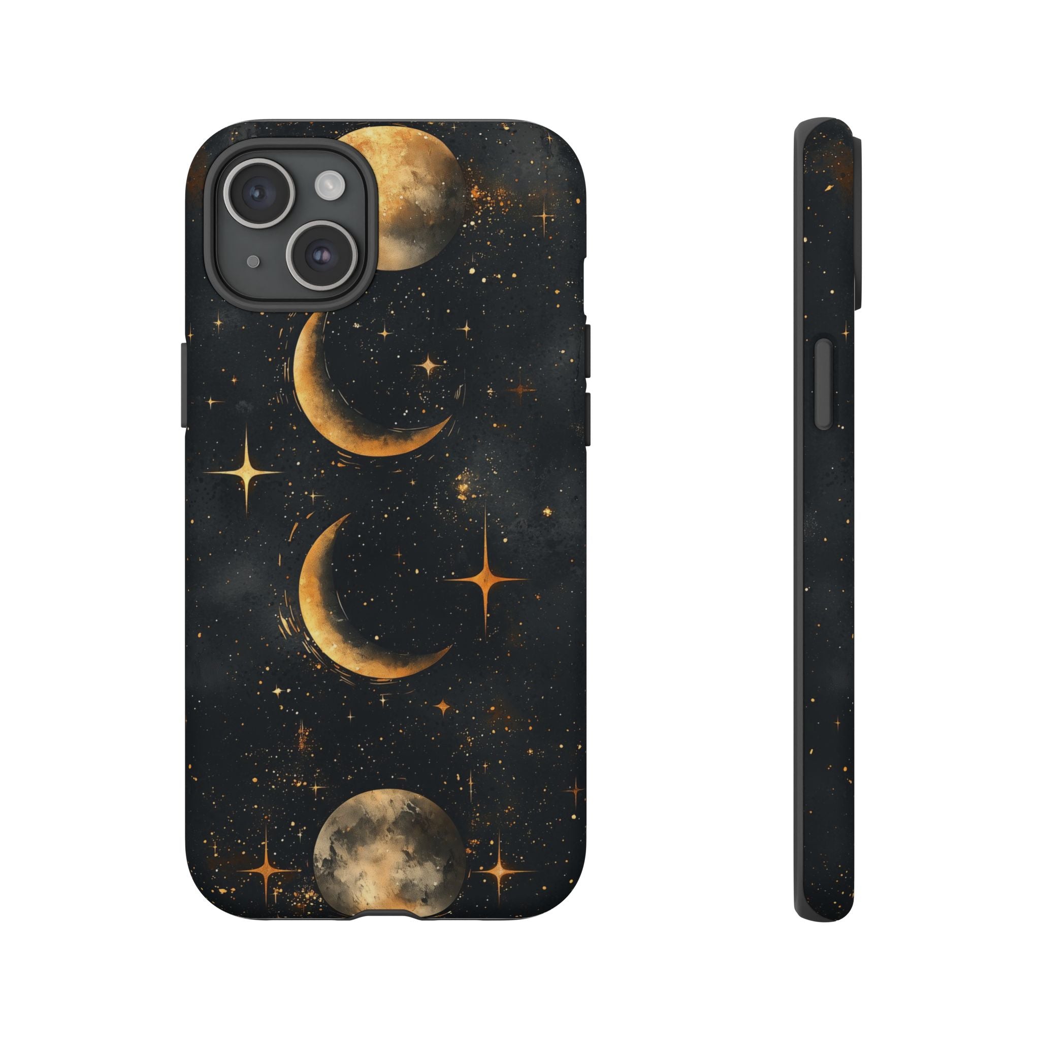 Celestial Moon Phases Tough iPhone Case | Gold Crescent & Full Moon Galaxy Design