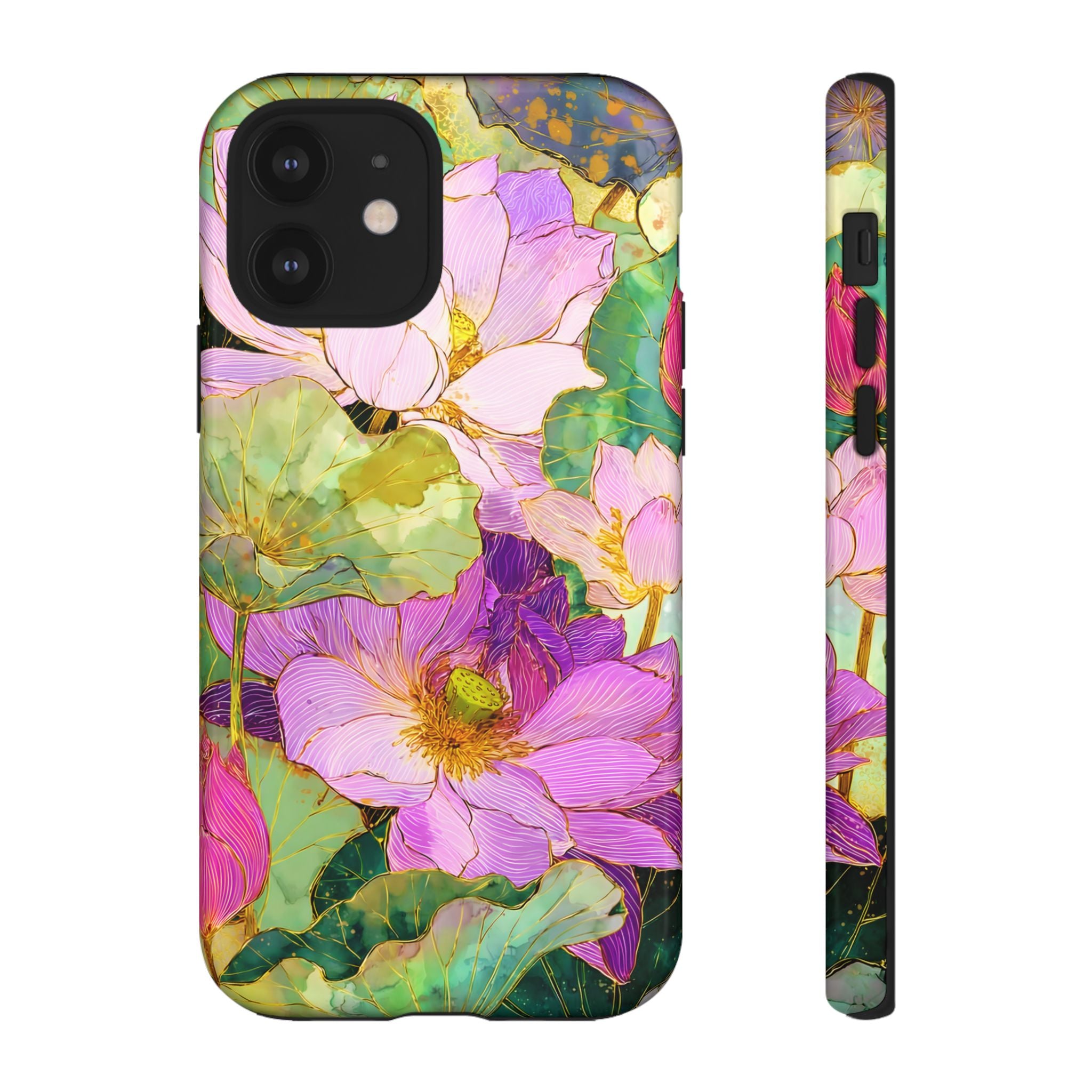 Floral Watercolor Tough iPhone Case | Pink Lotus Garden Protective Cover