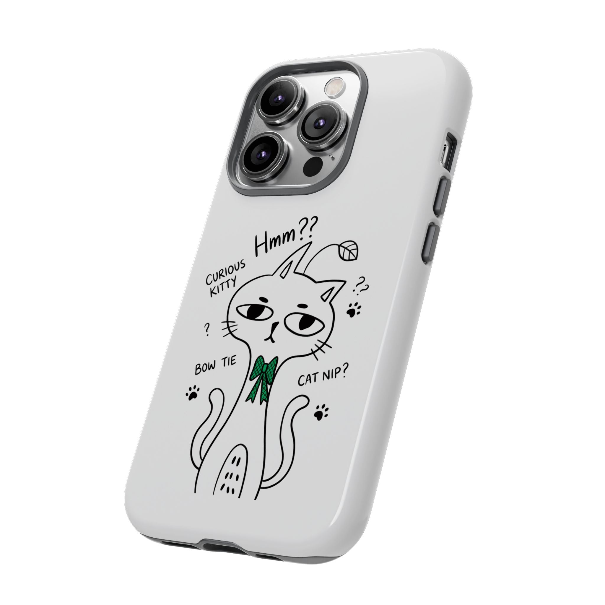 Curious Kitty Phone Case — Cute Cat Illustration with 'Hmm??' Text