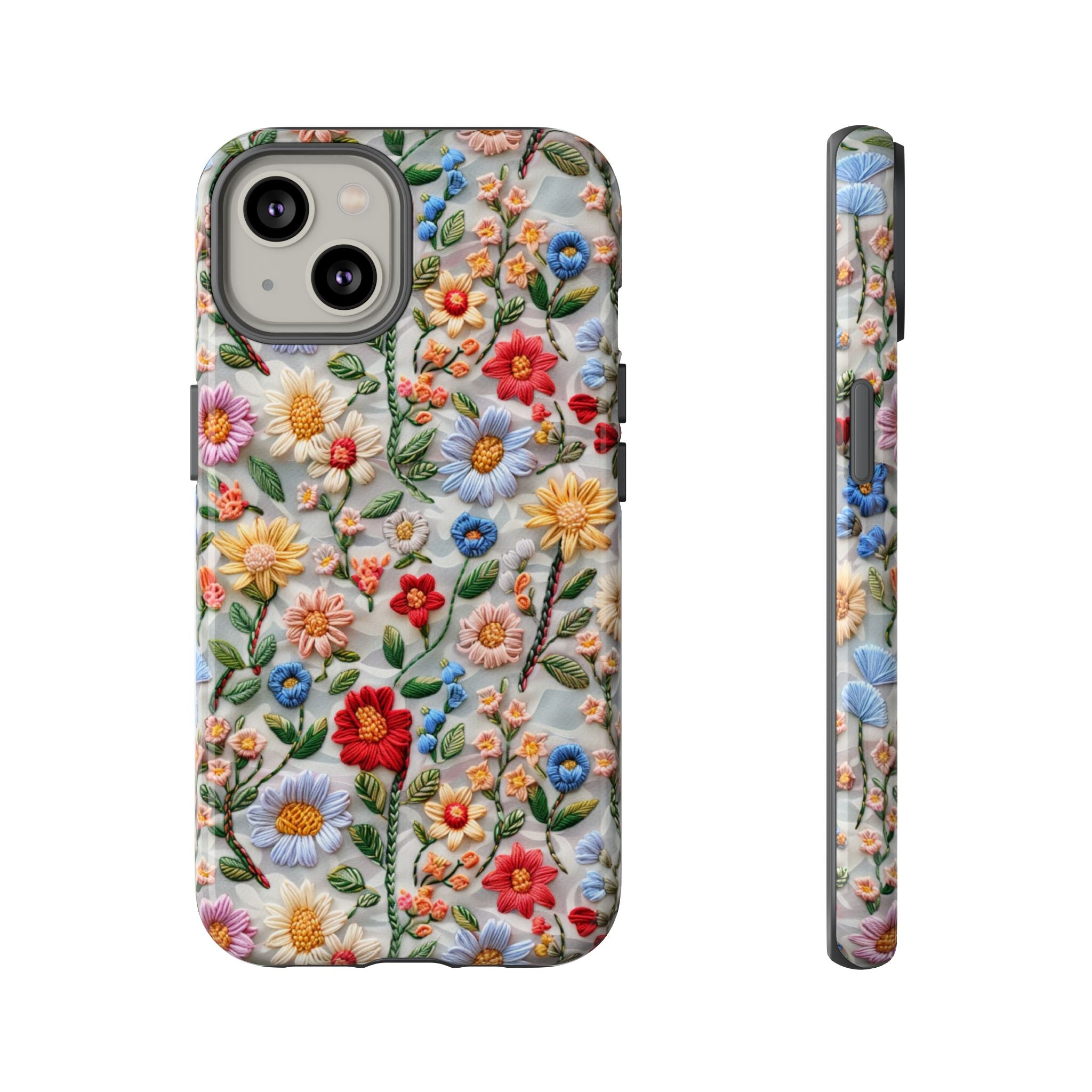 Floral Embroidered Pattern Tough iPhone Case — Colourful Daisy & Wildflower Design