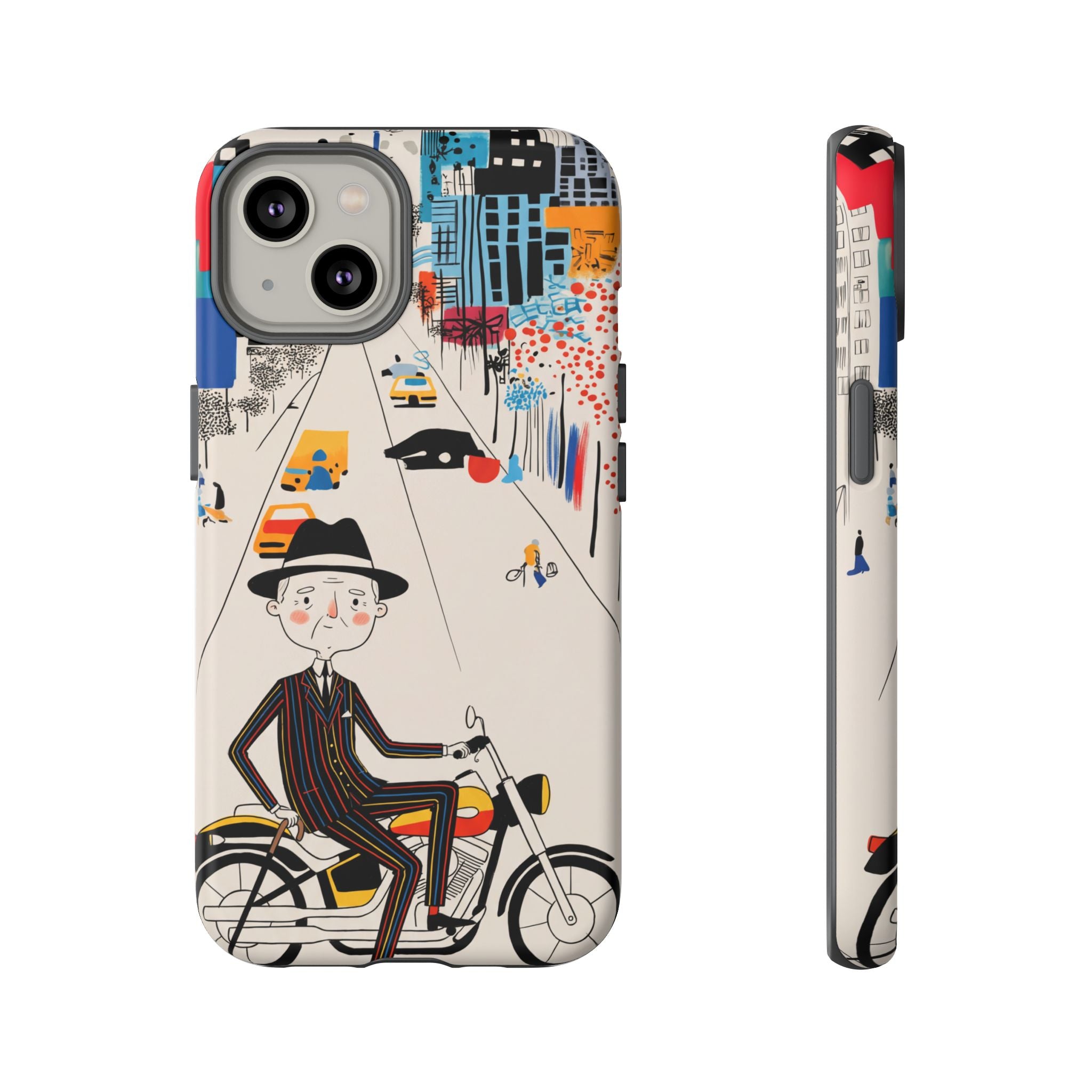 Vintage Grandpa Rider Motorcycle iPhone Case | Illustrated Cityscape