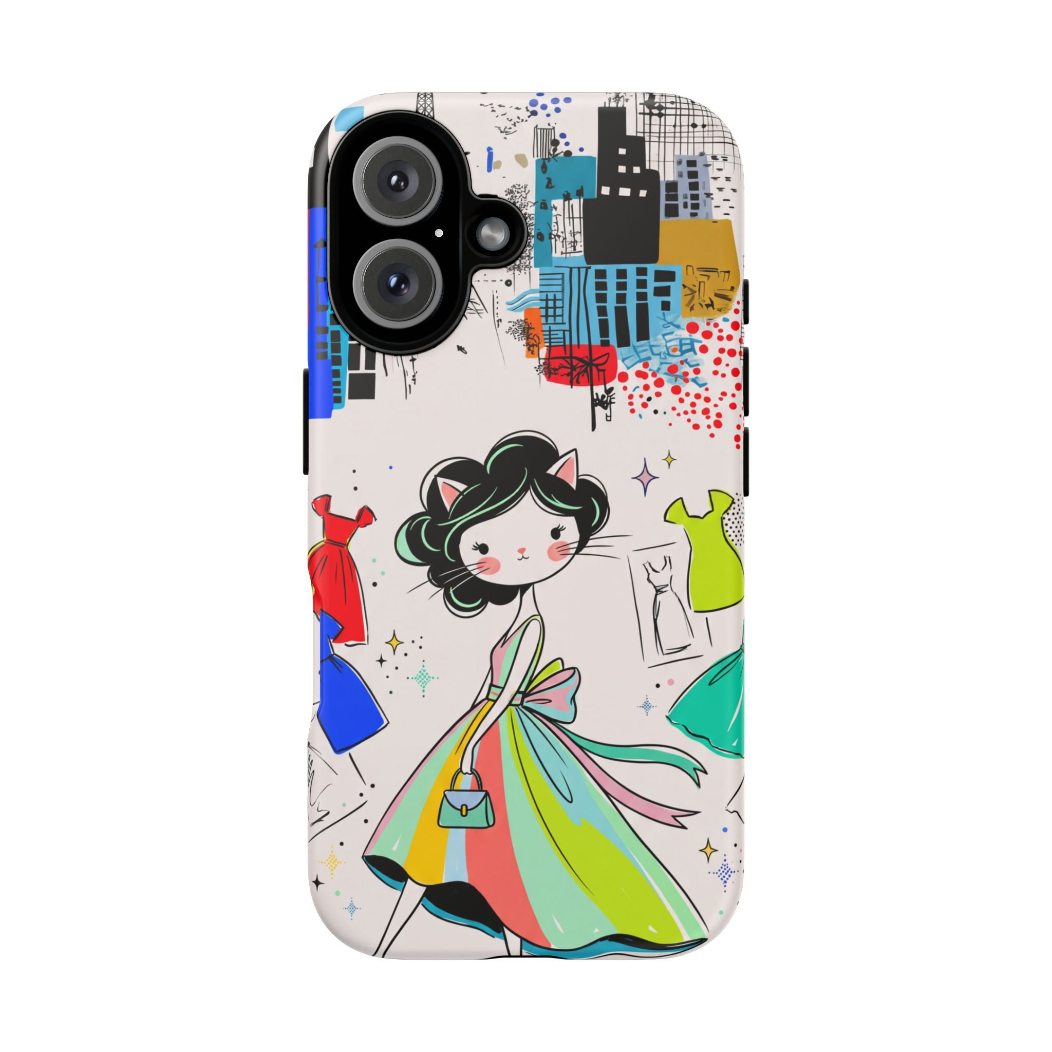 Retro Fashion Cat Girl iPhone Case | Cute Dress & City Print