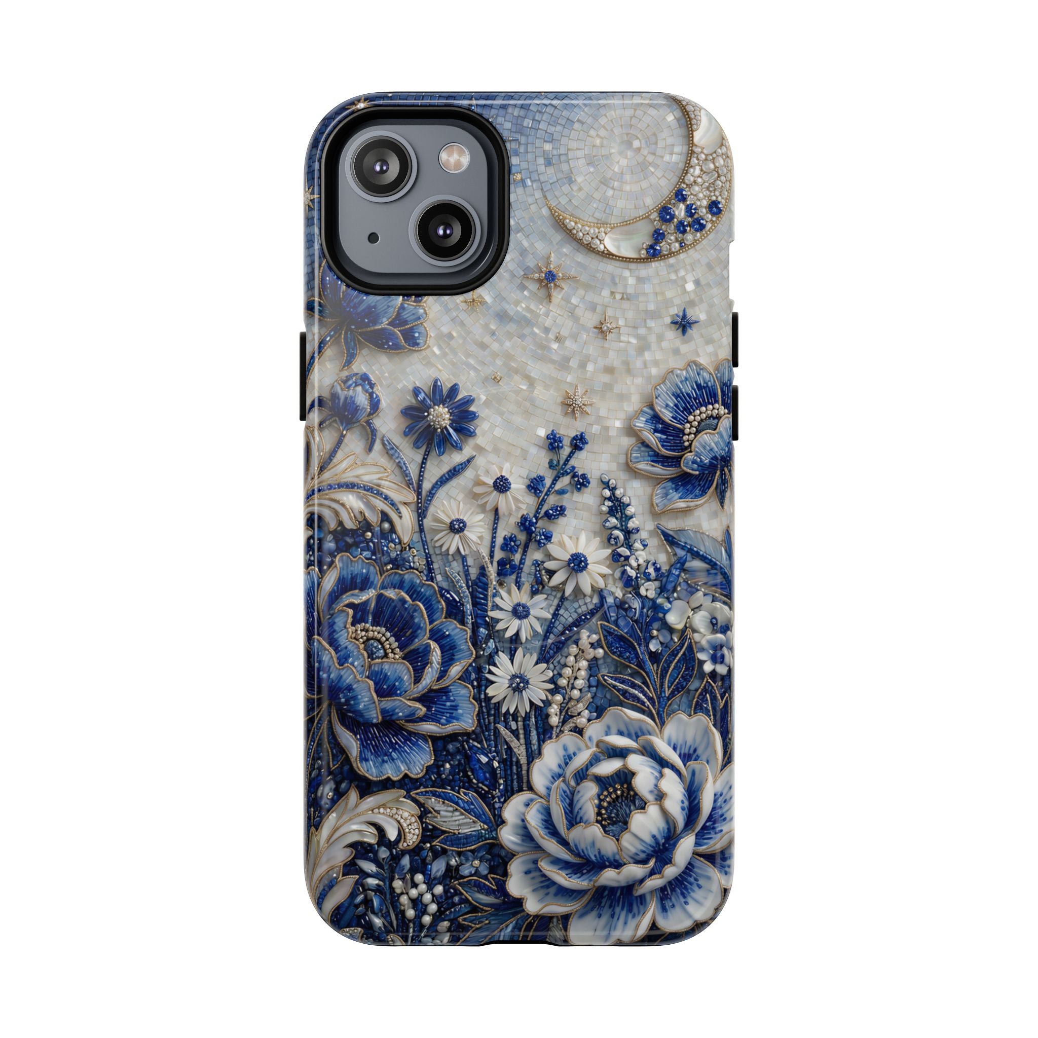 Blue Floral Moon MagSafe iPhone Case | Vintage Botanical Night Sky Protective Case