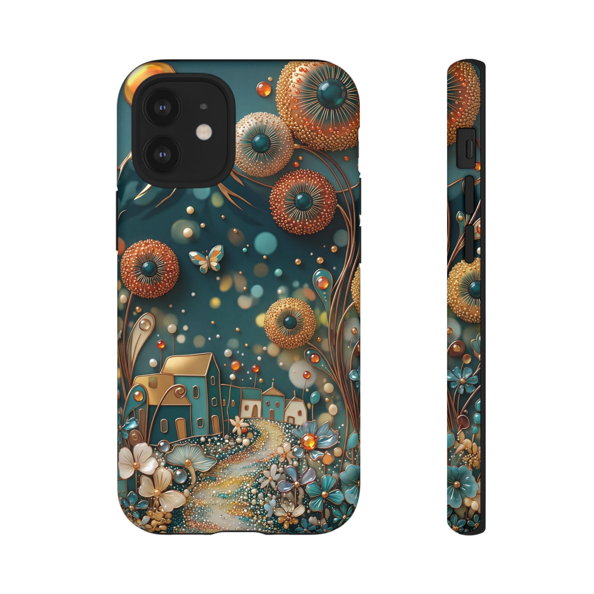 Whimsical Night Village iPhone Case | Floral Moonlit Art Tough Case