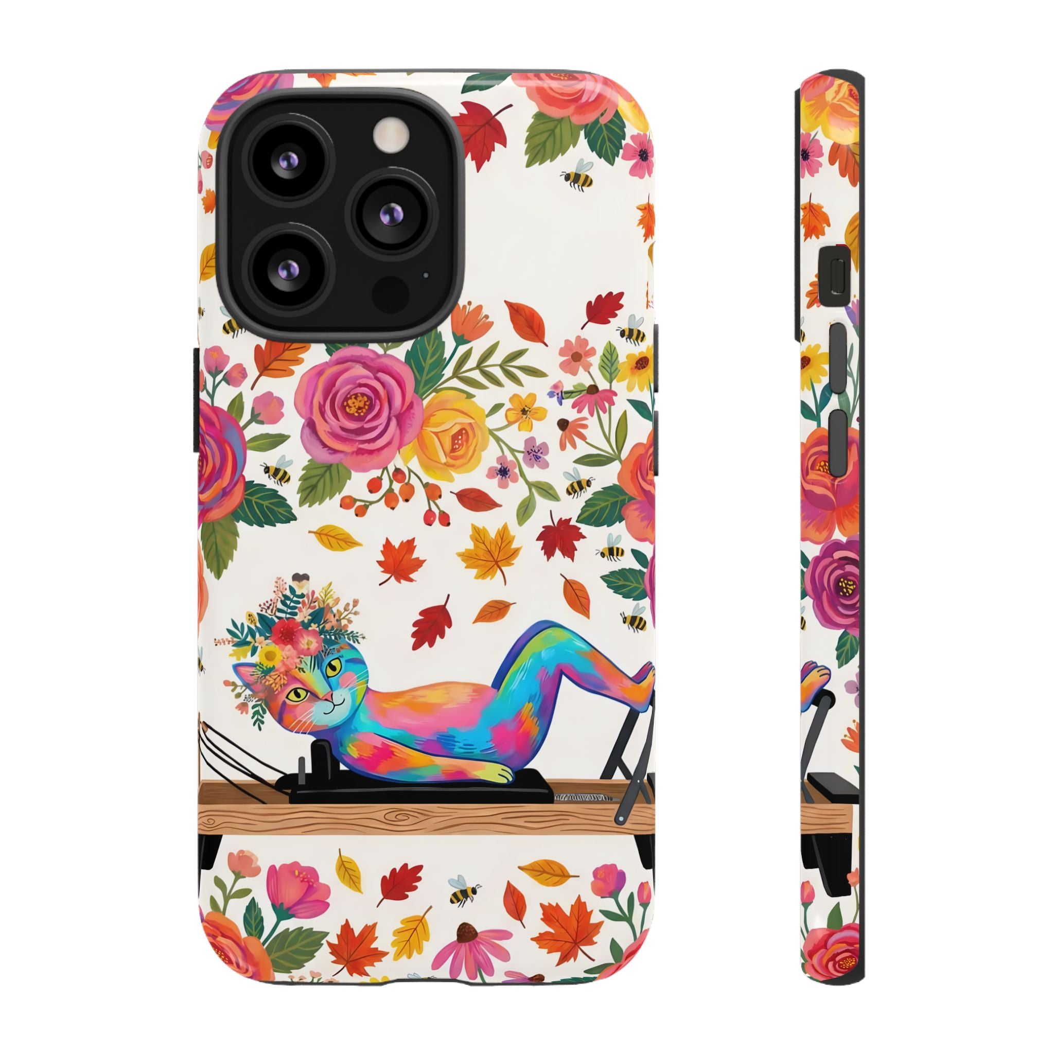 Autumn Floral Pilates iPhone Case | Colorful Rainbow Pilates Cat on Falling Leaves