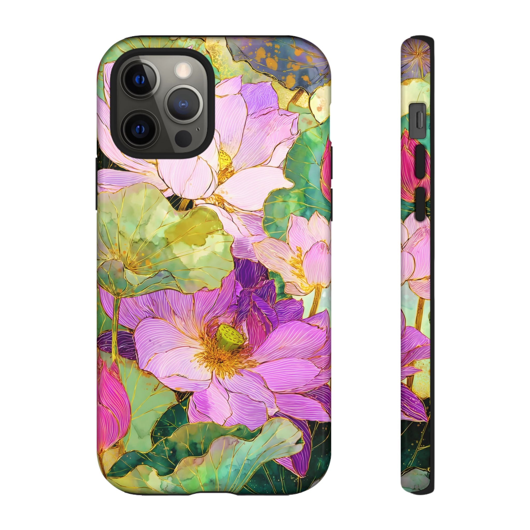 Floral Watercolor Tough iPhone Case | Pink Lotus Garden Protective Cover