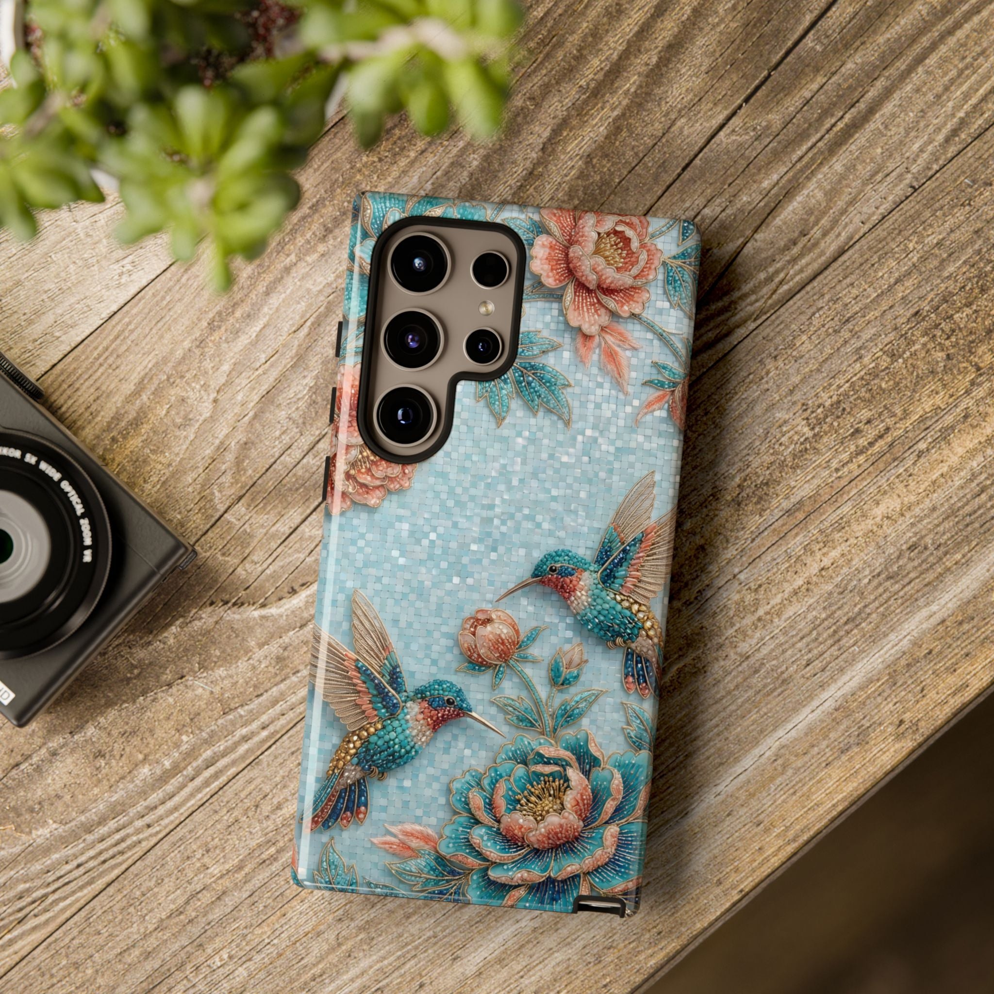 Cover per Samsung Galaxy in robusto materiale, fantasia colibrì e fiori | Design vintage giardino blu
