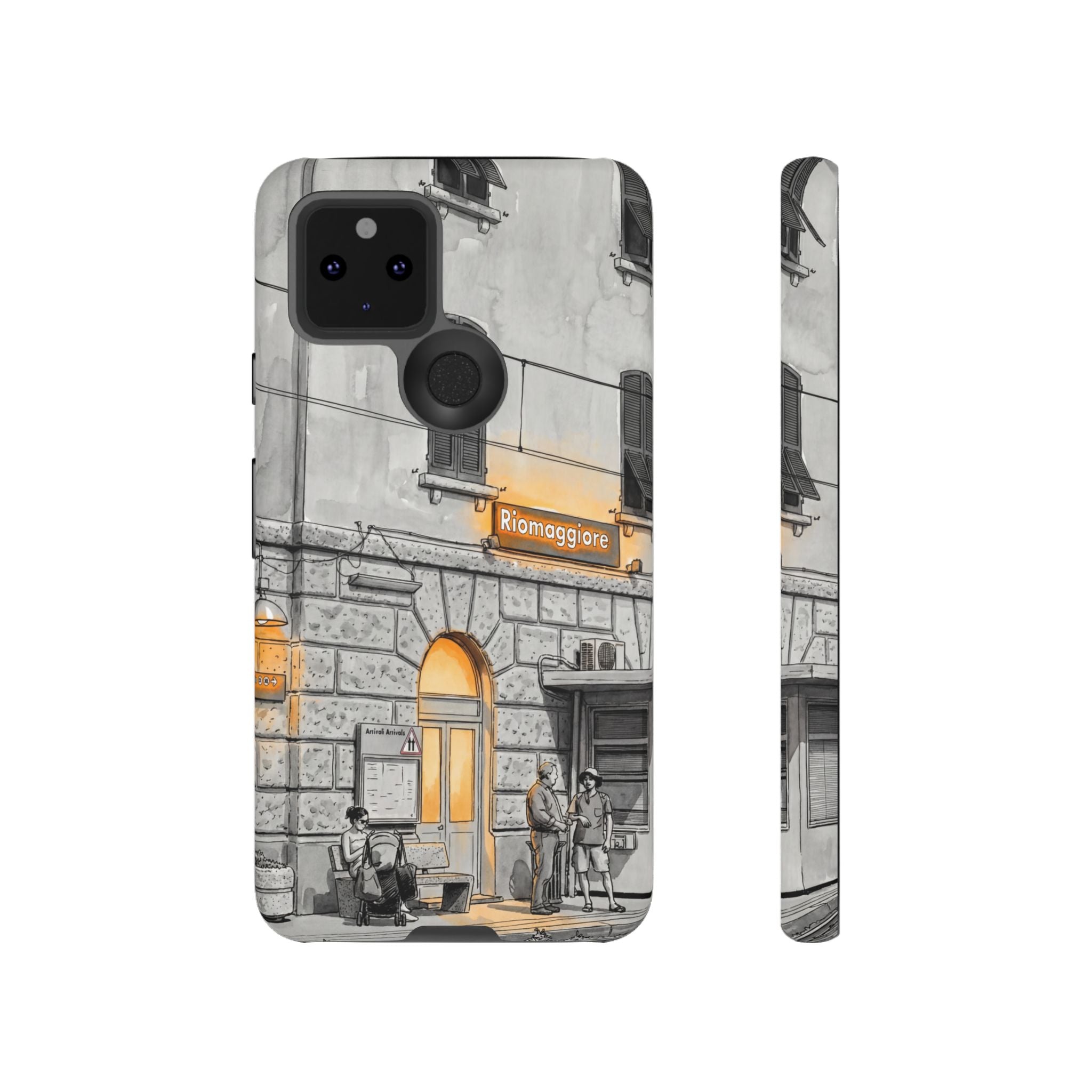 Cinque Terre Train Station Google Pixel Case | Black & White Sketch with Warm Yellow Accents