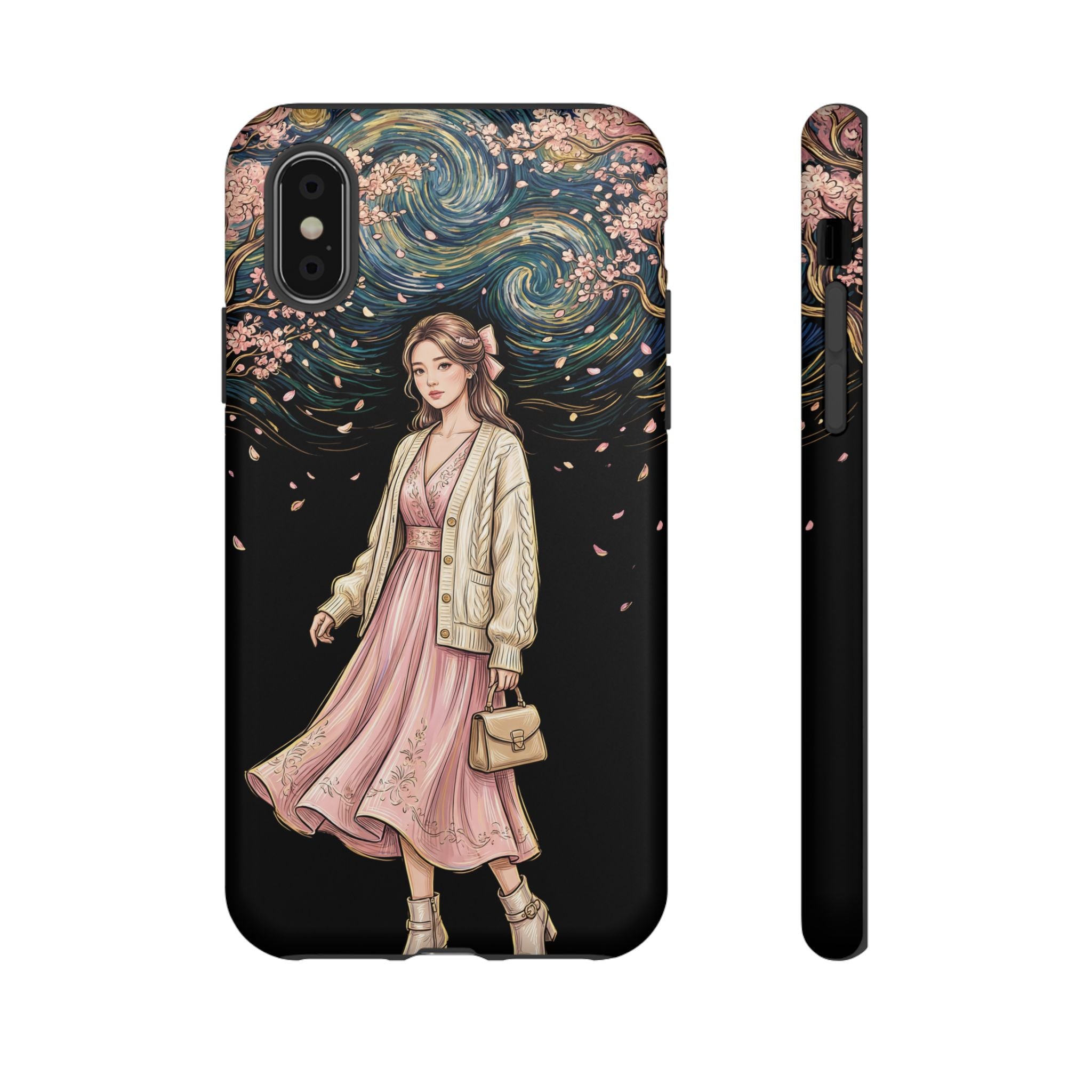 Floral Starry Night iPhone Case | Elegant Girl in Pink Dress