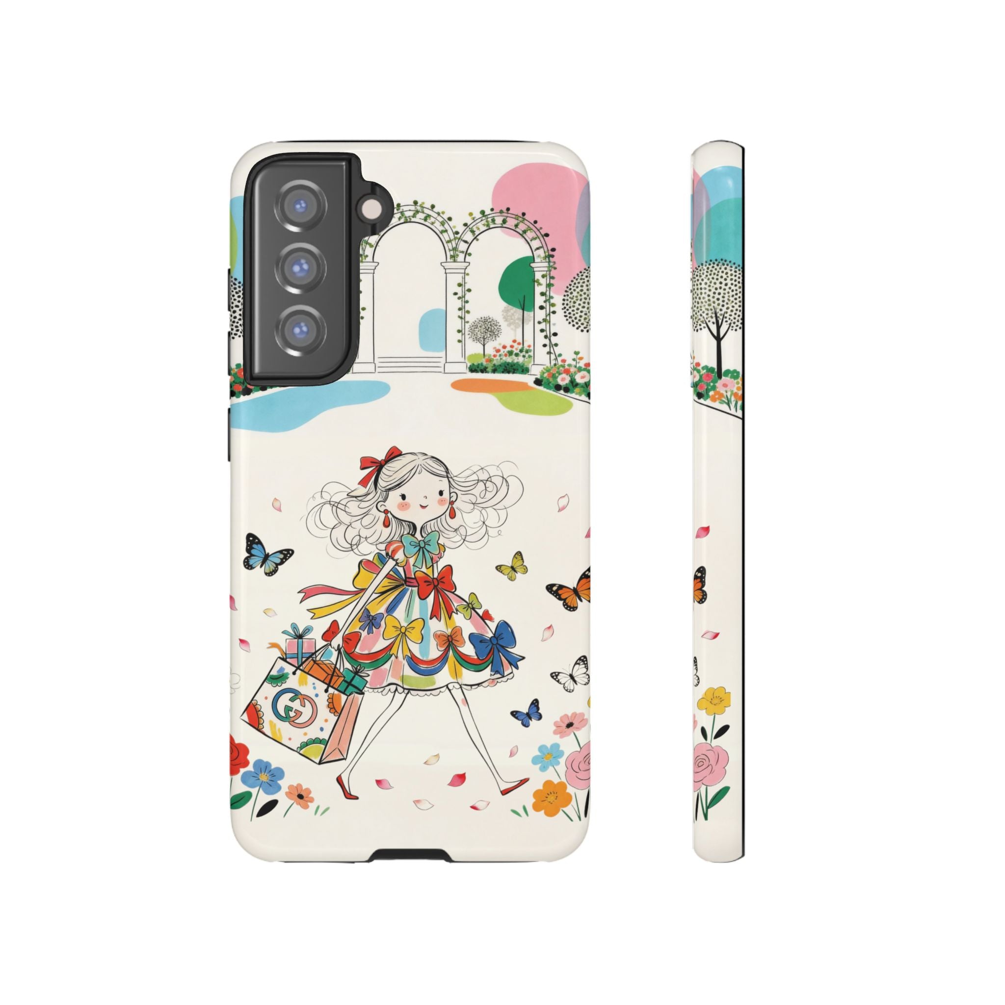 Whimsical Shopping Girl Samsung Galaxy Phone Case | Cute Floral Butterfly Tough Case