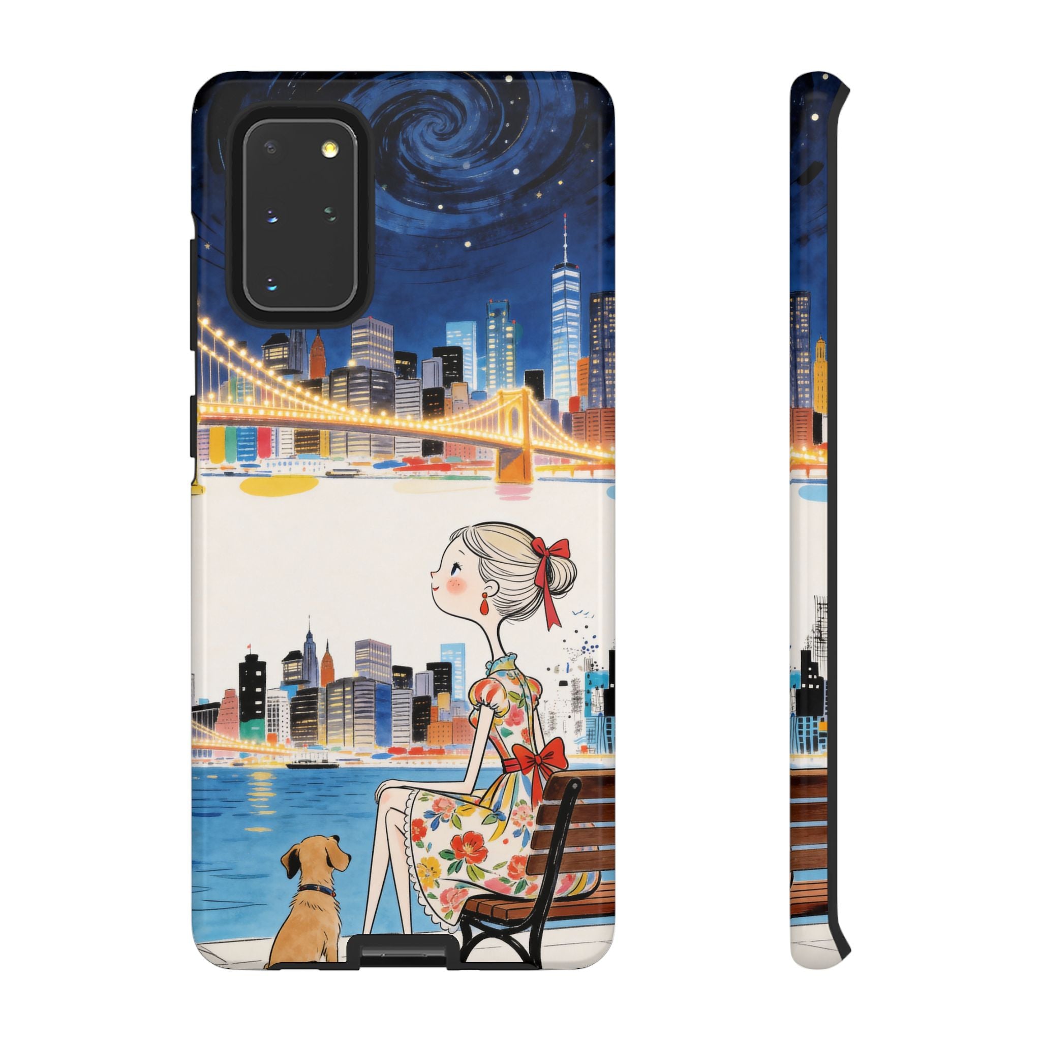 City Night Samsung Galaxy Phone Case | Cute Girl & Dog Bench Illustration