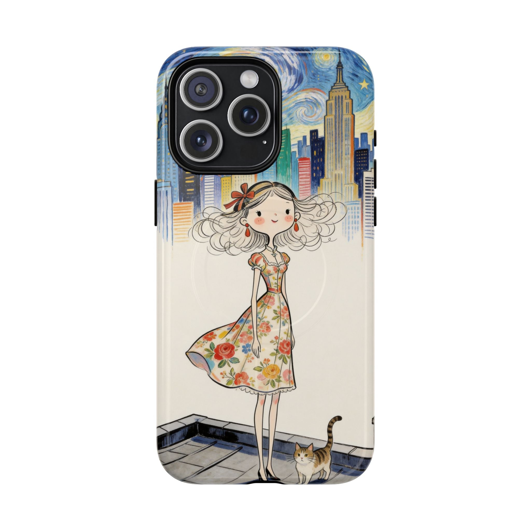 Artistic Girl Cityscape MagSafe iPhone Case | Cute Floral Dress Rooftop Design