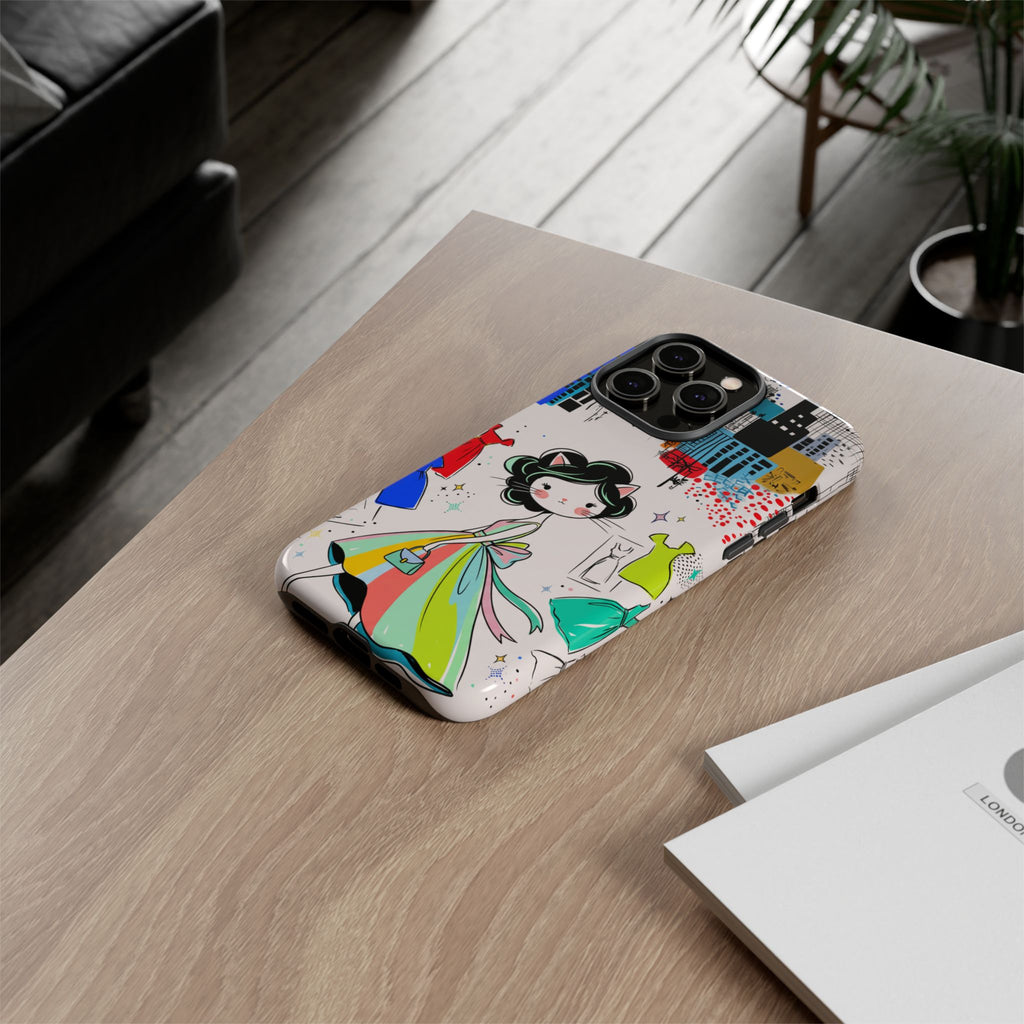 Retro Fashion Cat Girl iPhone Case | Cute Dress & City Print