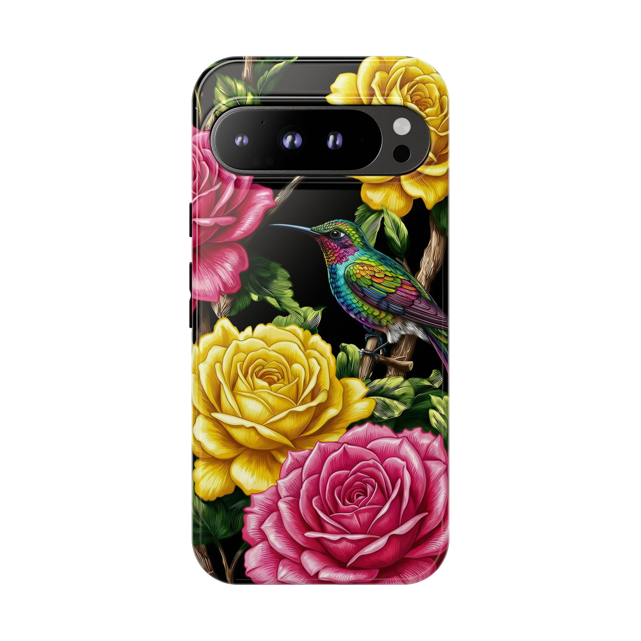 Floral Hummingbird Tough Google Pixel Phone Case | Vibrant Rose & Yellow Garden Protection