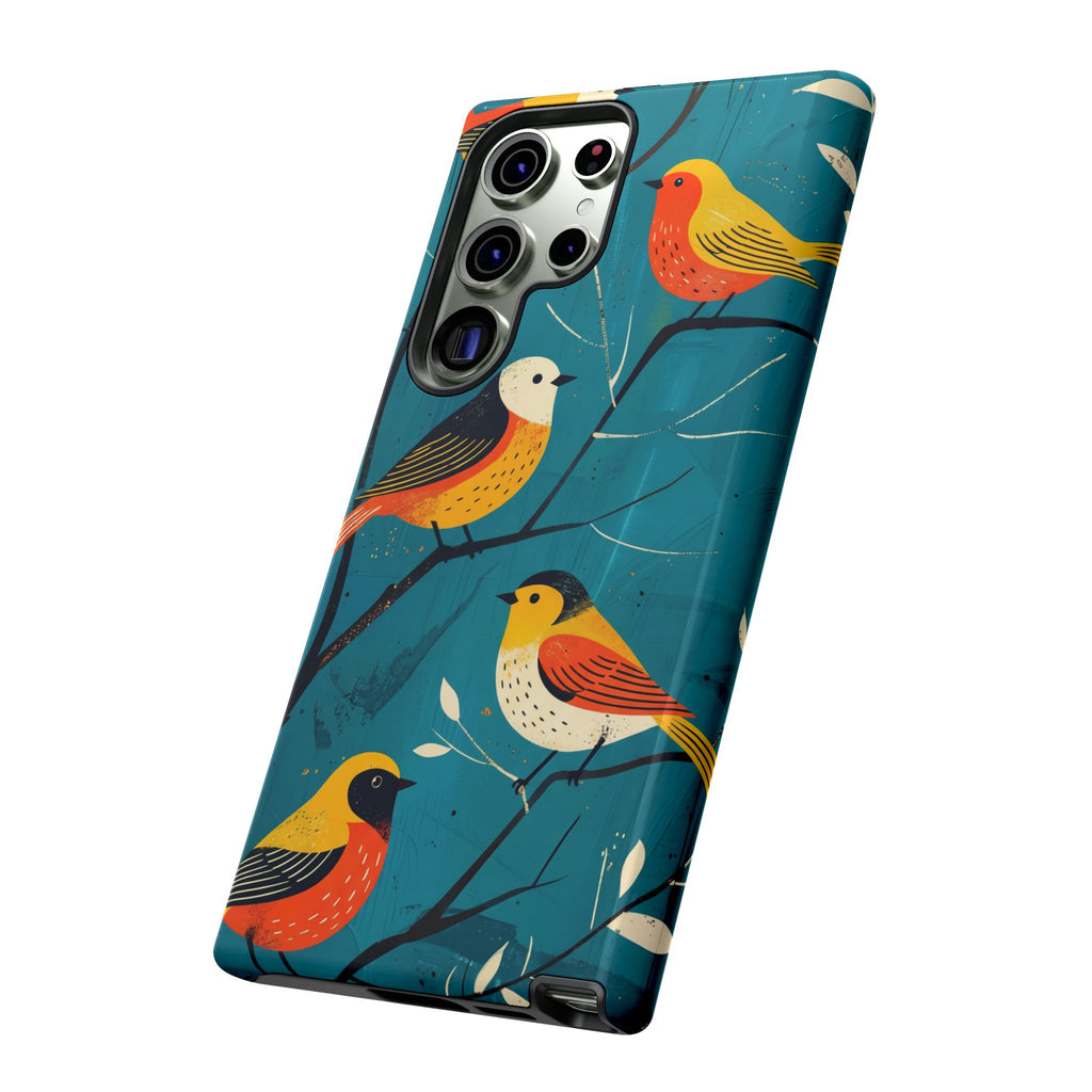 Bird Pattern Tough Samsung Galaxy Phone Case | Colourful Songbirds on Teal Background