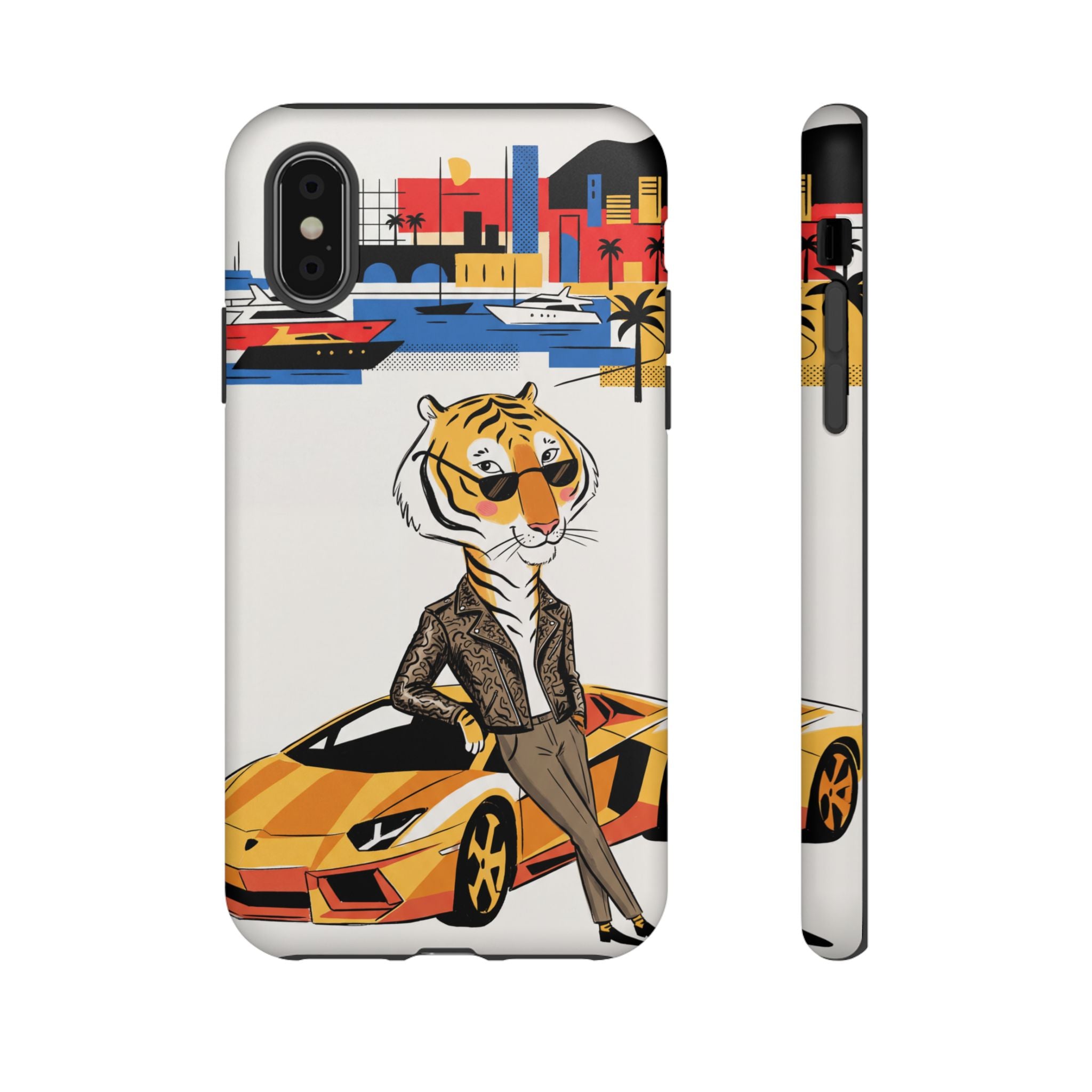 Stylish Tiger with Sports Car Illustration iPhone Case