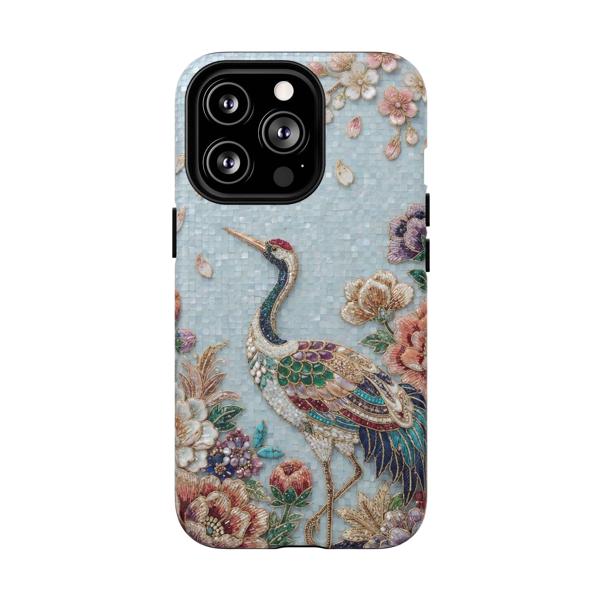 Floral Crane Tough MagSafe iPhone Case | Vintage Embroidered Bird Protection