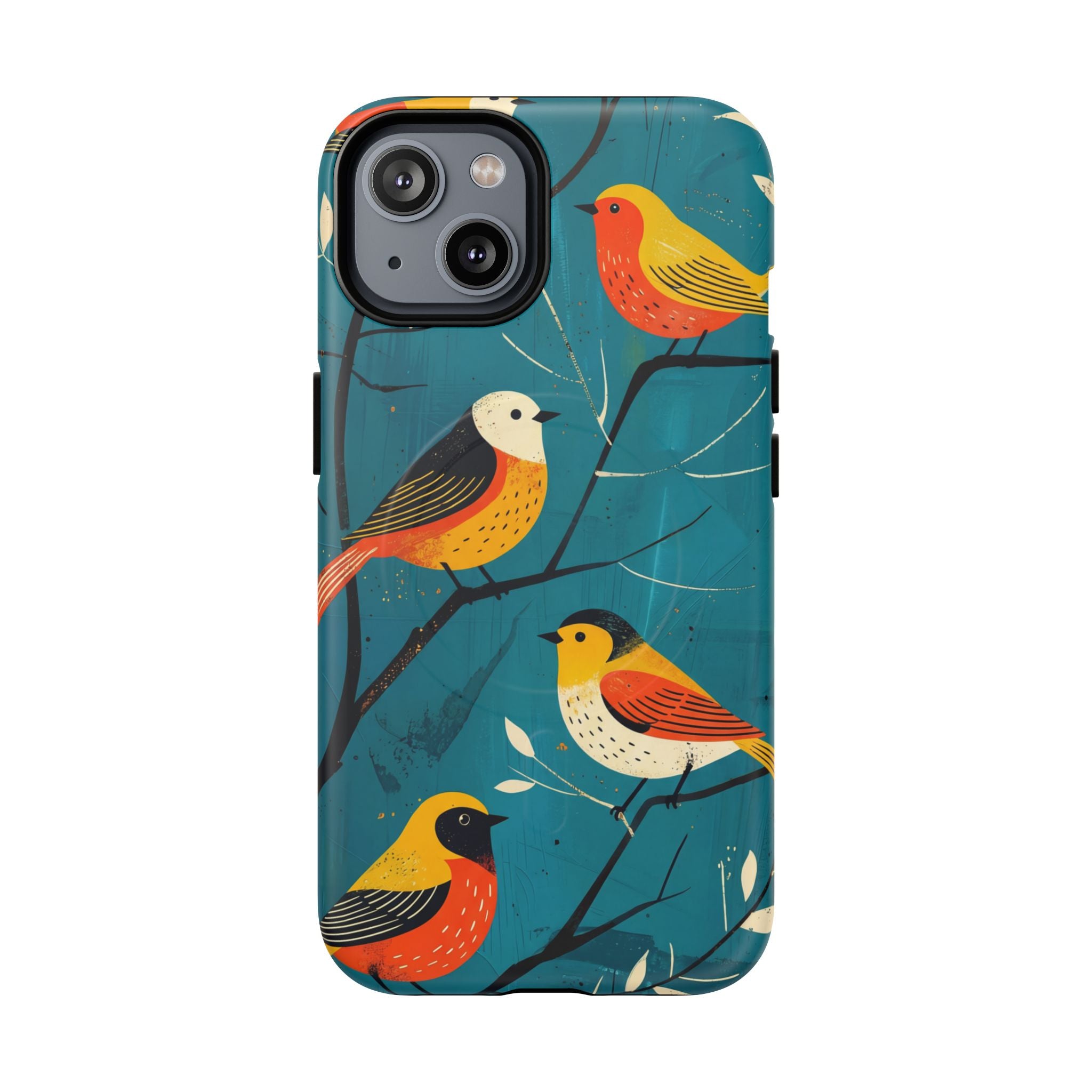 Bird Pattern Tough MagSafe iPhone Case | Colourful Songbirds on Teal Background