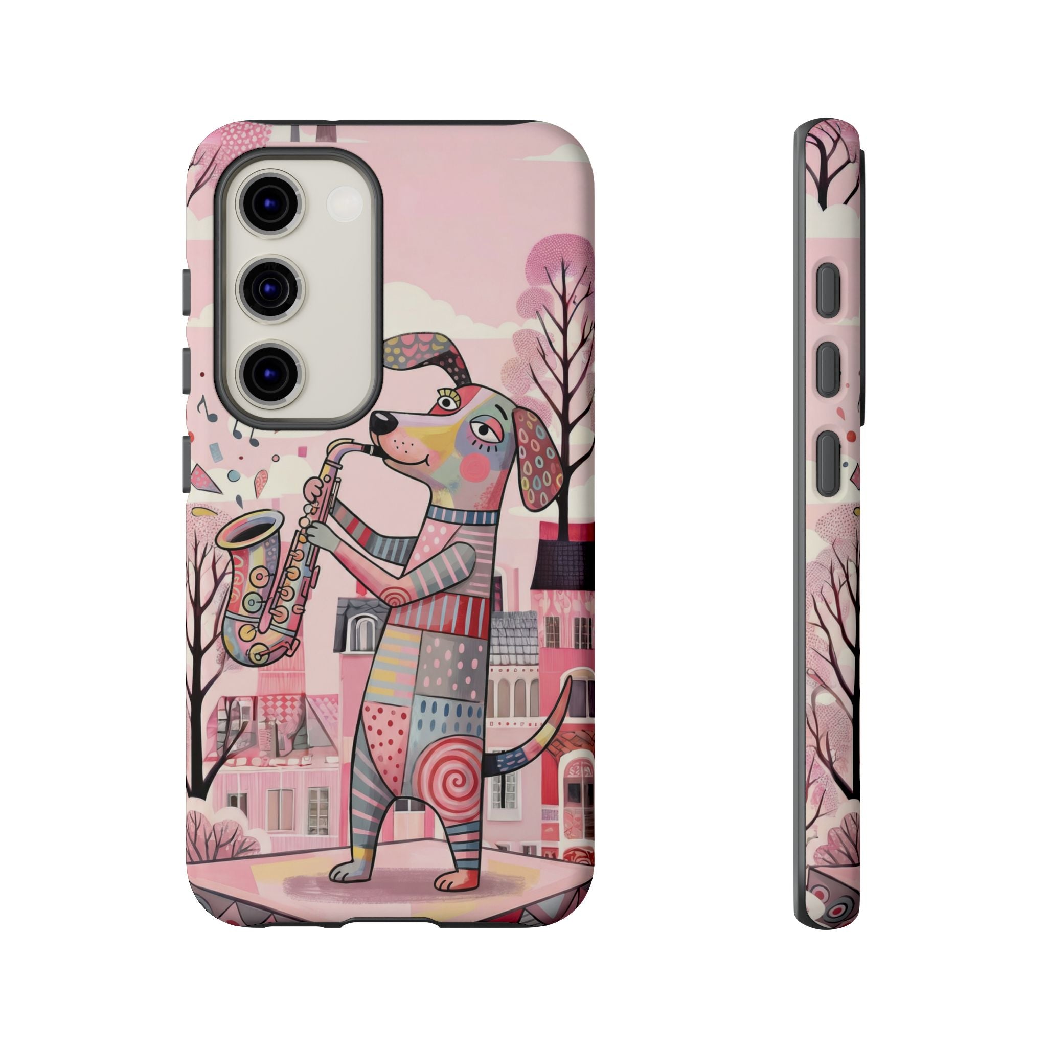 Saxophone Dog Samsung Galaxy Phone Case | Cute Pink Musical Art Protective Case