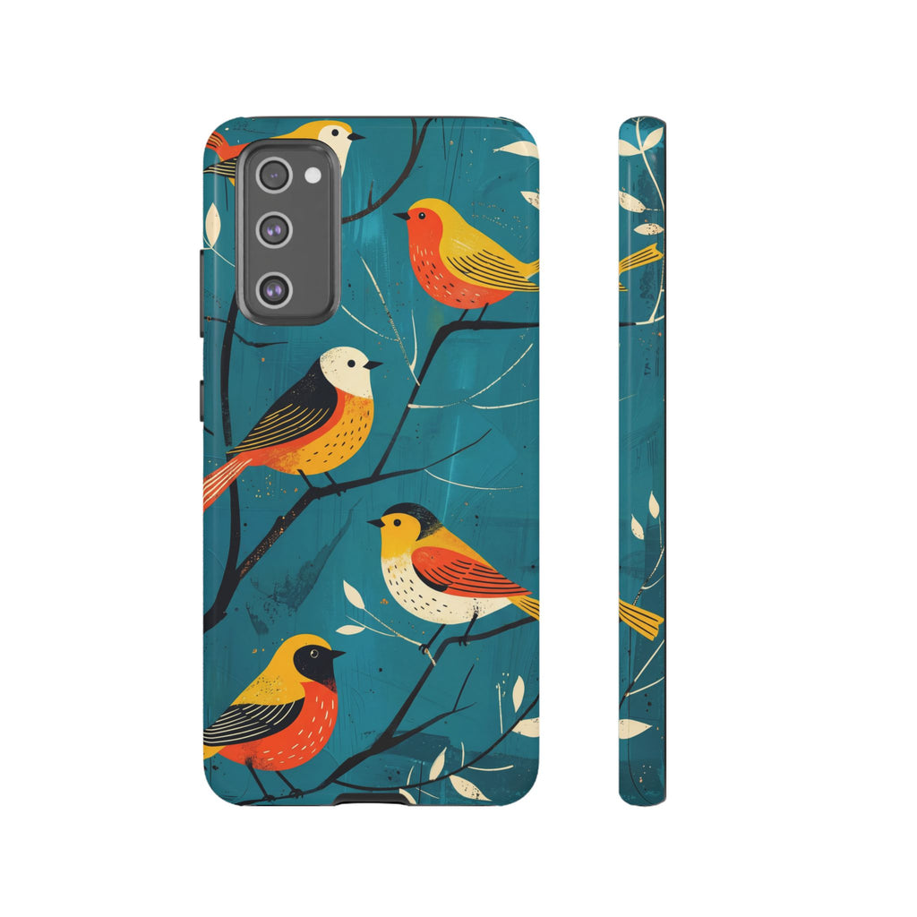Bird Pattern Tough Samsung Galaxy Phone Case | Colourful Songbirds on Teal Background