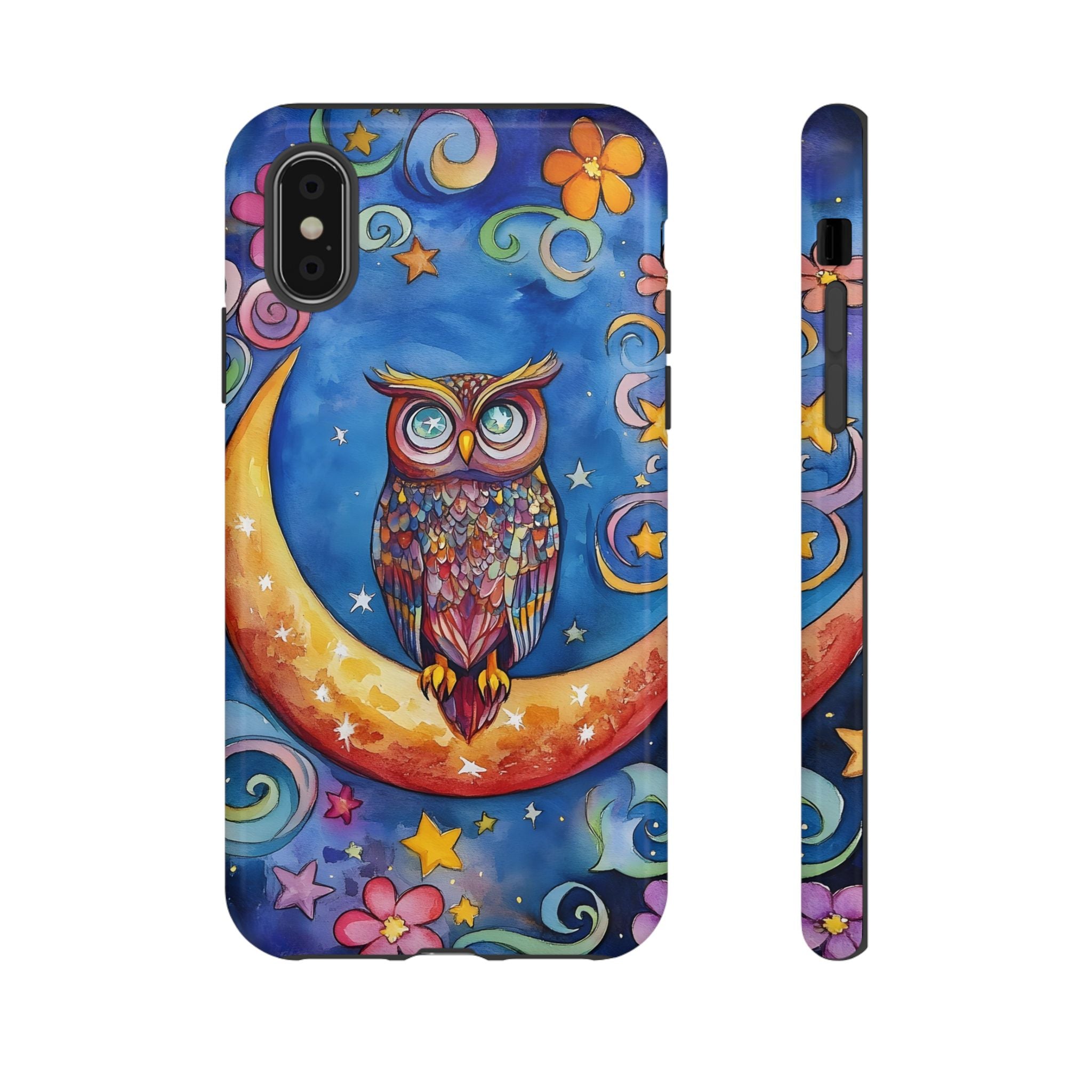 Owl on Crescent Moon iPhone Case — Colourful Whimsical Night Sky Design