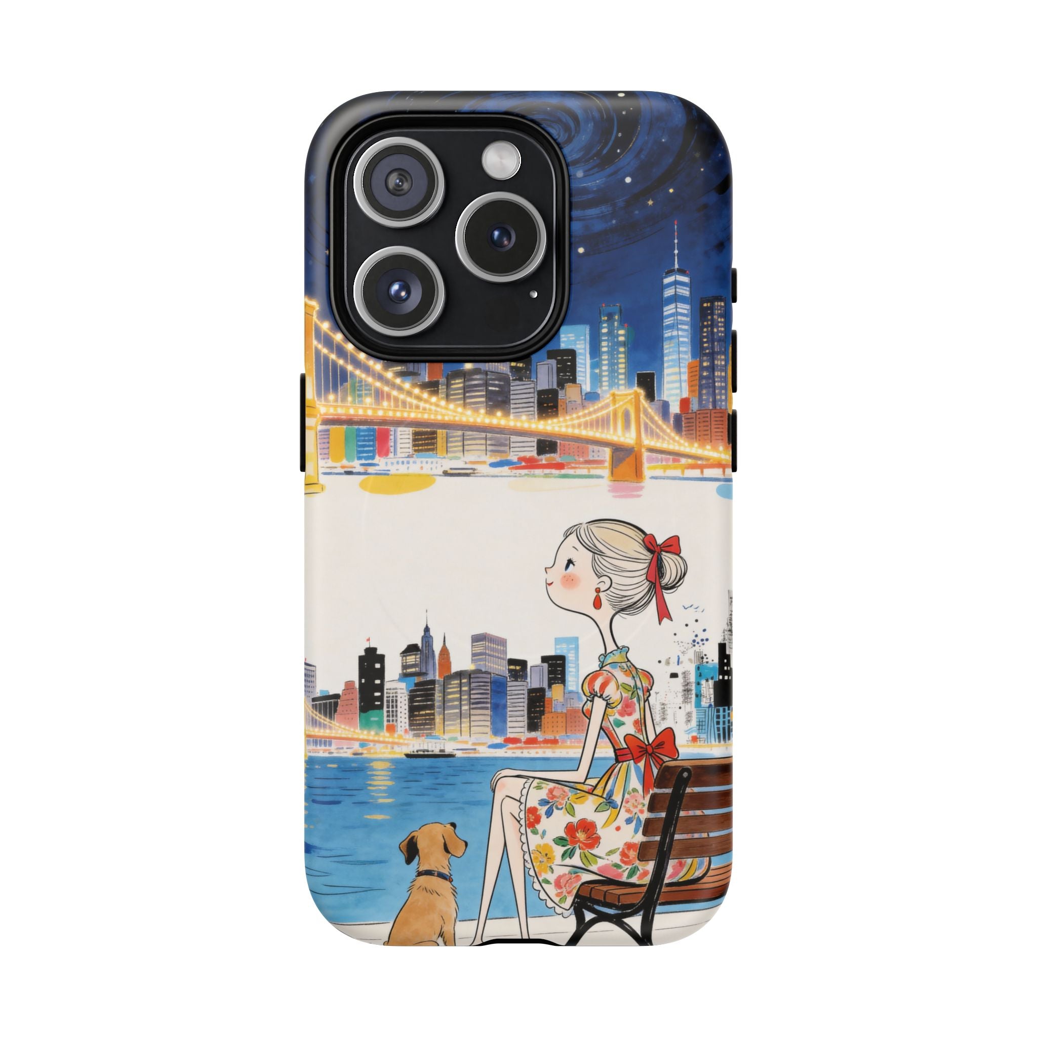 City Night MagSafe iPhone Case | Cute Girl & Dog Bench Illustration
