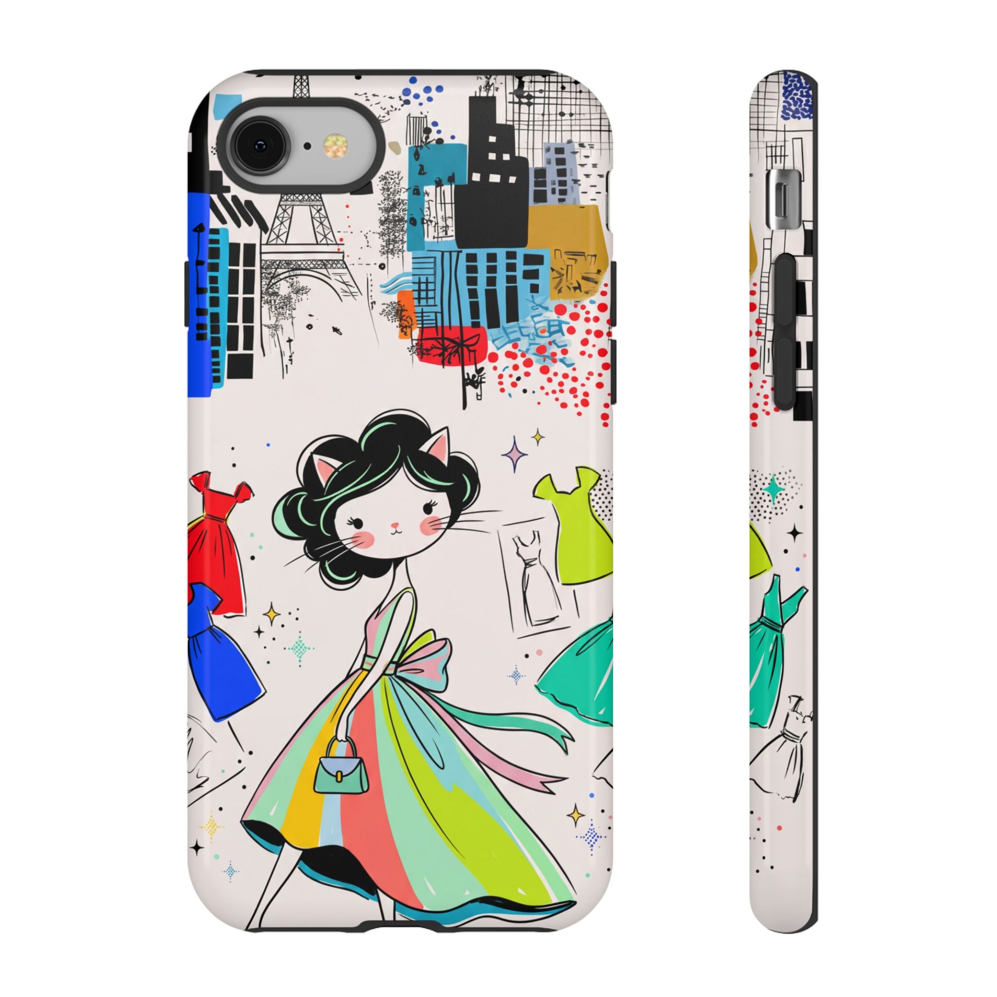 Retro Fashion Cat Girl iPhone Case | Cute Dress & City Print